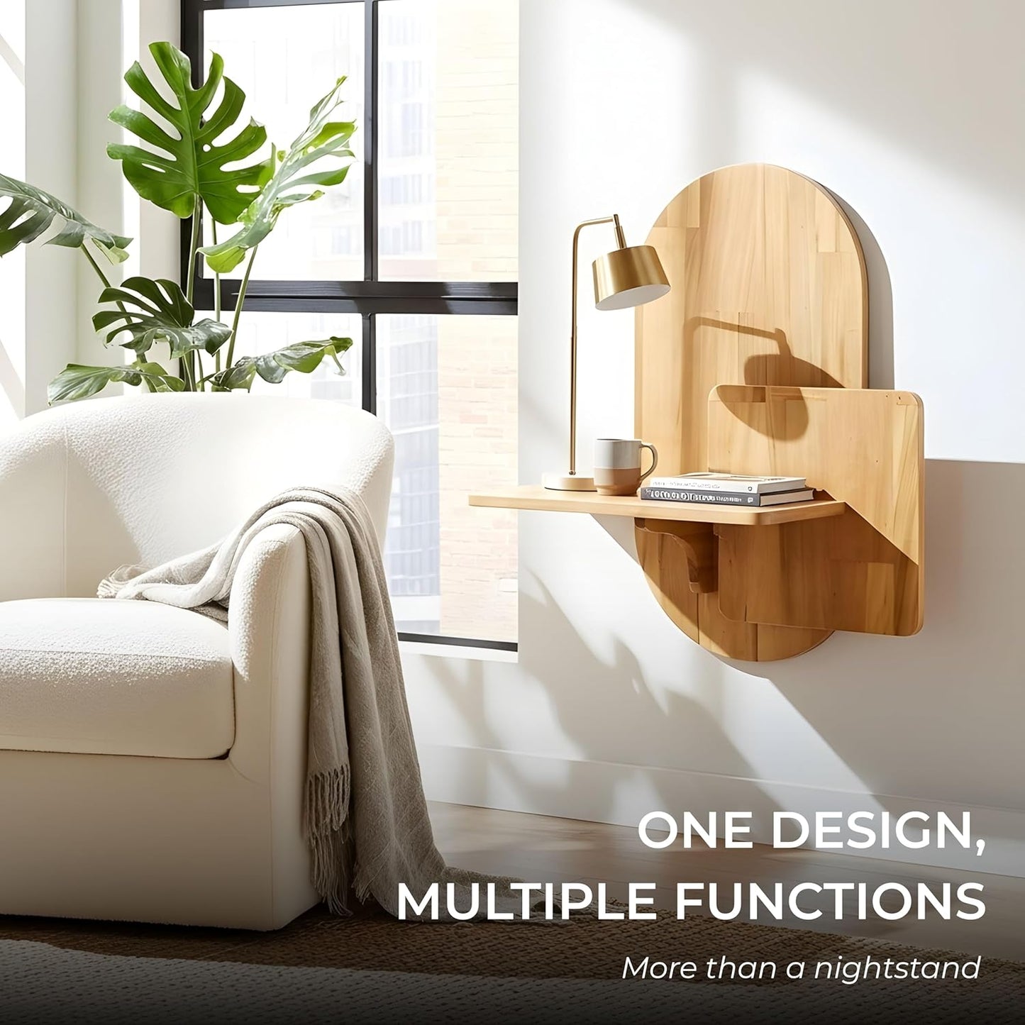 Behomes Claudia Solid Wood Floating Nightstand, Boho Wall Mounted Bedside Table with Storage, Mid Century Modern Floating Shelf, Side End Table for Bedroom and Living Room, Space Saving, Natural