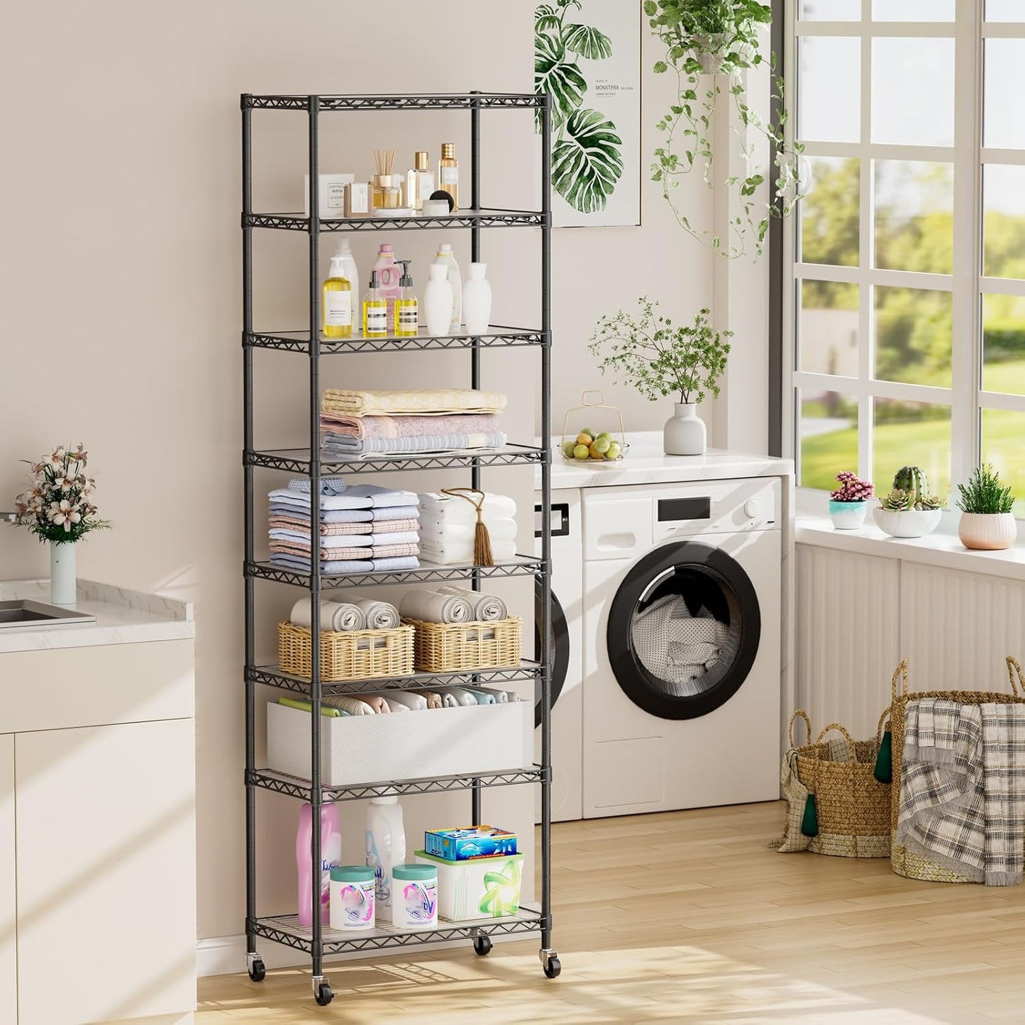SINGAYE Shelf Closet Wire Shelving：Adjustable Metal Unit for Laundry Room Organization Bathroom Kitchen Home Storage with Wheels Pantry Rack Shelves
