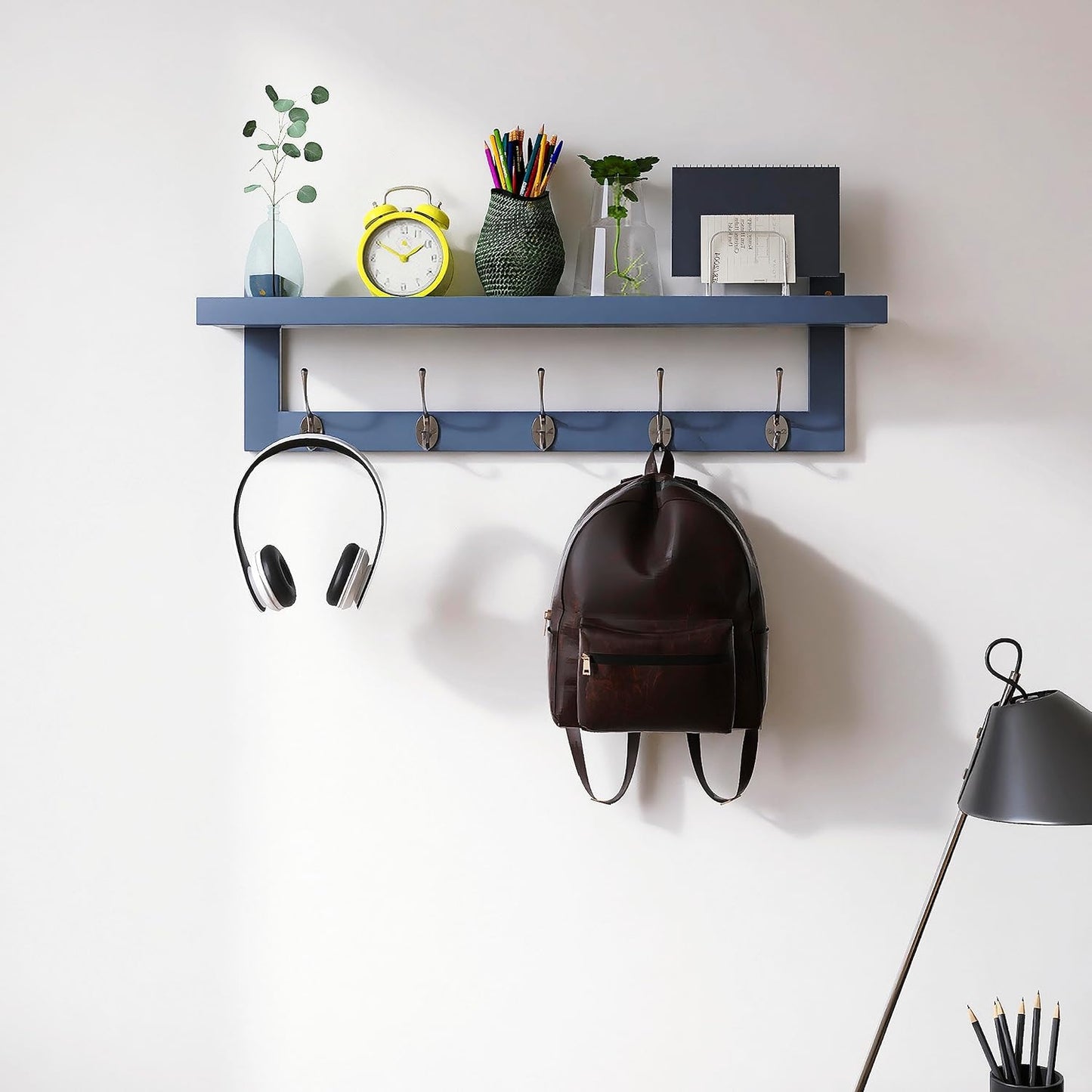SMIBUY Coat Hooks with Shelf Wall-Mounted, 29.2 Inch Entryway Coat Rack for Wall, Bamboo Hanging Shelf with 5 Double Metal Hooks for Bathroom, Bedroom, Kitchen, Living Room, Mudroom (Grey)