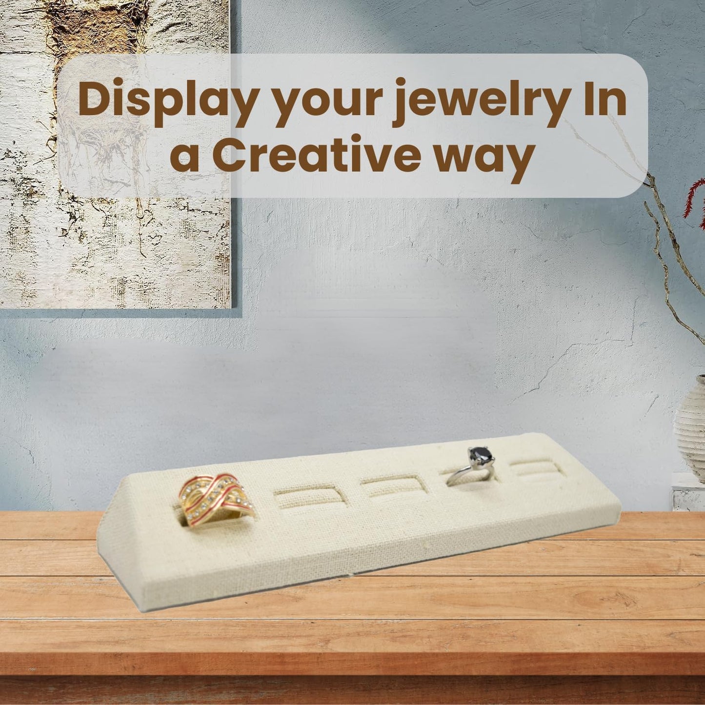 Novel Box 5-Slot Beige Linen Rings/Earrings/Cufflinks Holder Tray 8.12x1.75x1 Inches - Ring Holder Organizer for Selling or Personal Use - Jewelry Display Trays for Special Occasions
