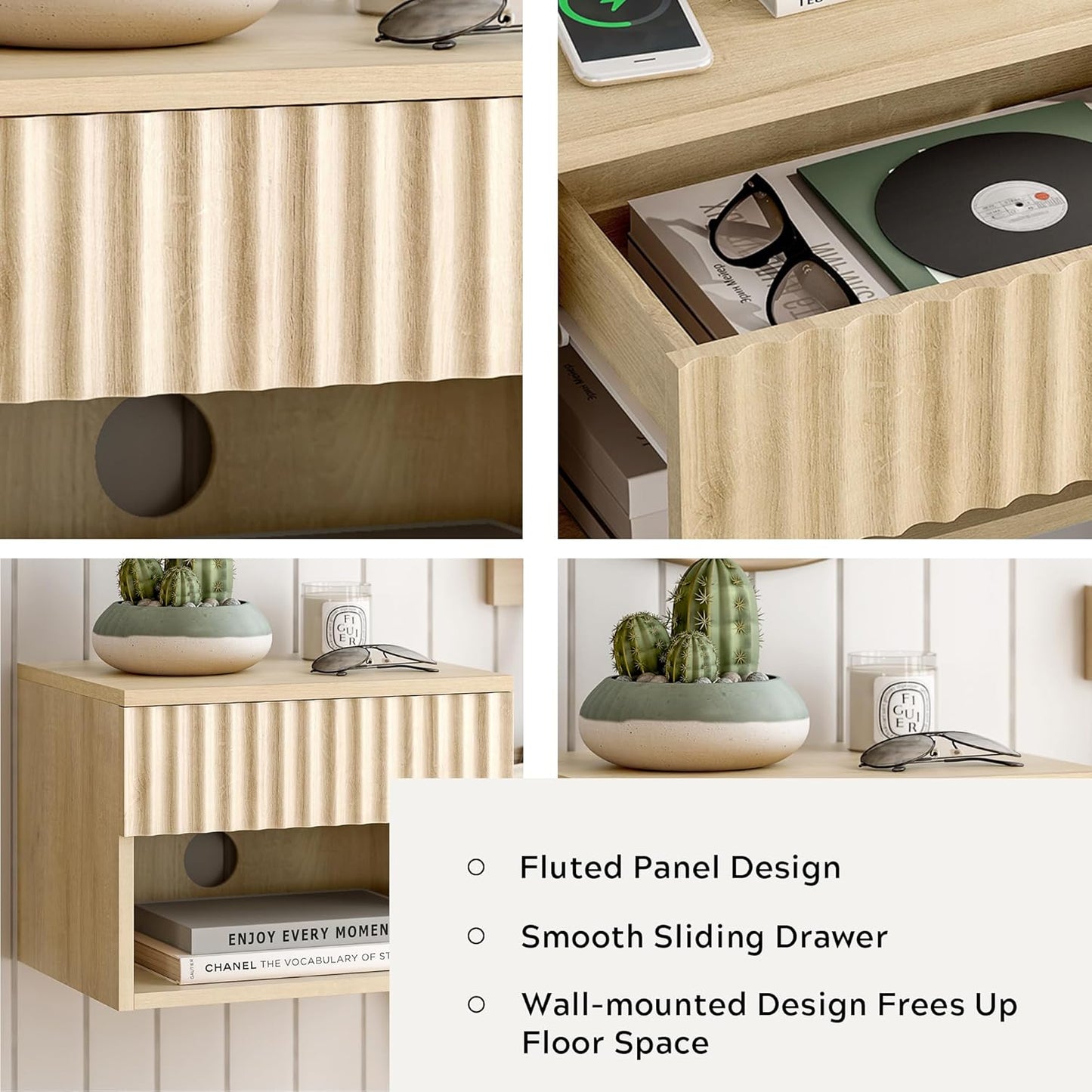 Floating Nightstands Set of 3 with Drawer and Open Shelf, Small Wall Mounted Bedside End Table, Modern Fluted Night Stand for Bedroom, Living Room, Light Oak