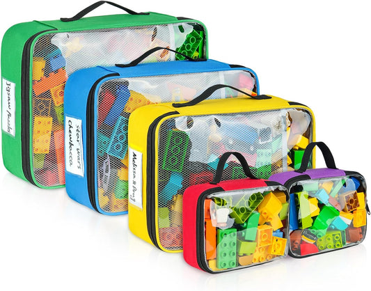 5 Packs Toy Storage Bags Compatible with Lego Bricks,Large Travel Toy Organizers for Kids Building Blocks,Toy Car,Puzzles with Mesh Pocket and Tag Pocket