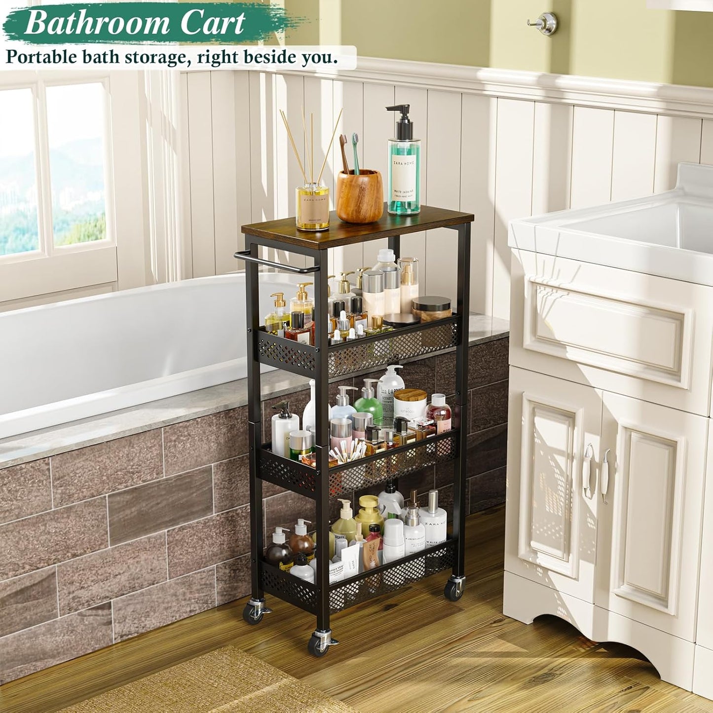 Utility Slim Storage Cart, 4-Tier Narrow Bathroom Organizer and Storage Cart, Metal Narrow Kitchen Laundry Room Organization Rack with Wood Top, Slim Rolling Shelf with Wheels for Small Space