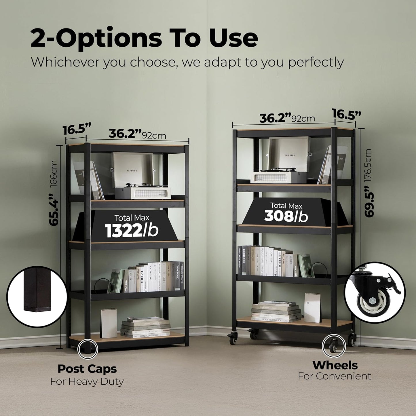 HOMEDANT House 5-Tier Metal Rolling Cart Shelf Rack Casters Heavy Duty Laminated Wheel Shelving Unit Adjustable Utility Storage Shelves Organizer Shelf Kitchen Garage 36.2" W x 16.5" D x 69.5" H 3Pack