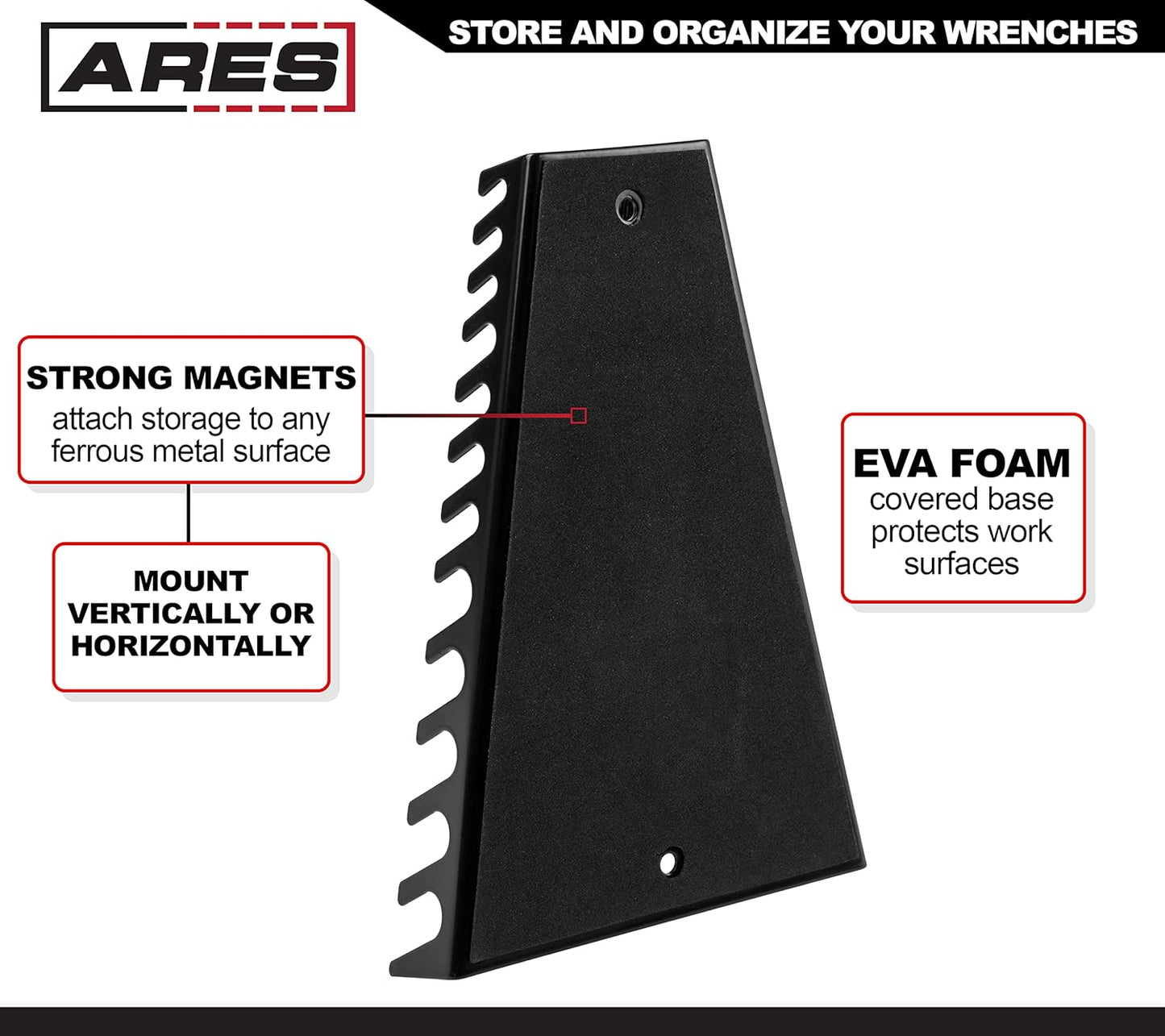 ARES 62006-12-Slot Metal Magnetic Wrench Organizer - Sturdy Metal Rack Stores up to 12 SAE and Metric Wrenches and Keeps Your Garage Organized