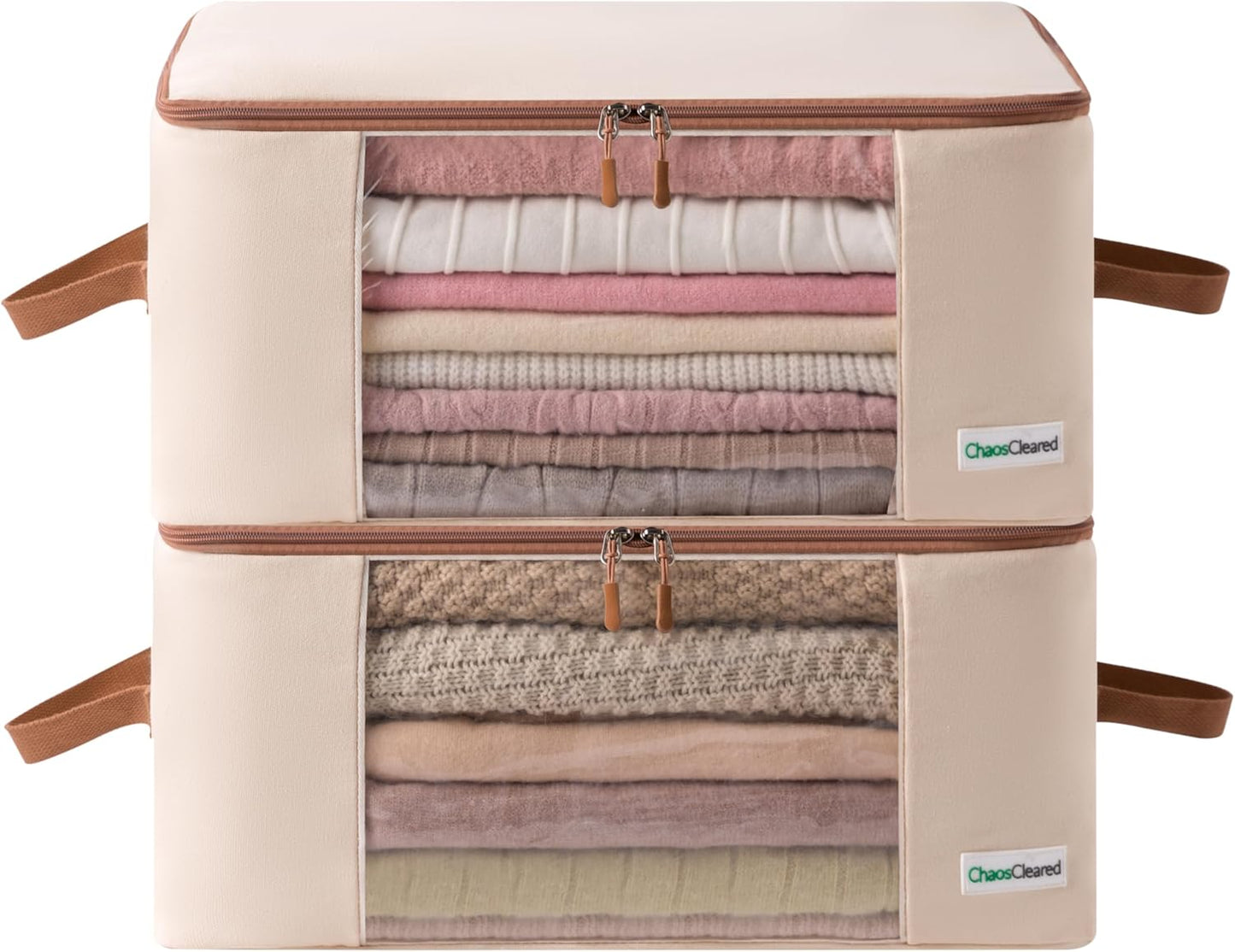 Canvas Clothing Storage 2 Bags Clothes Organizer folding fabric bags for sweaters, clothing, garment, bedding, quilt, linens, large folding organizers with zip & window, mothproof underbed space saver