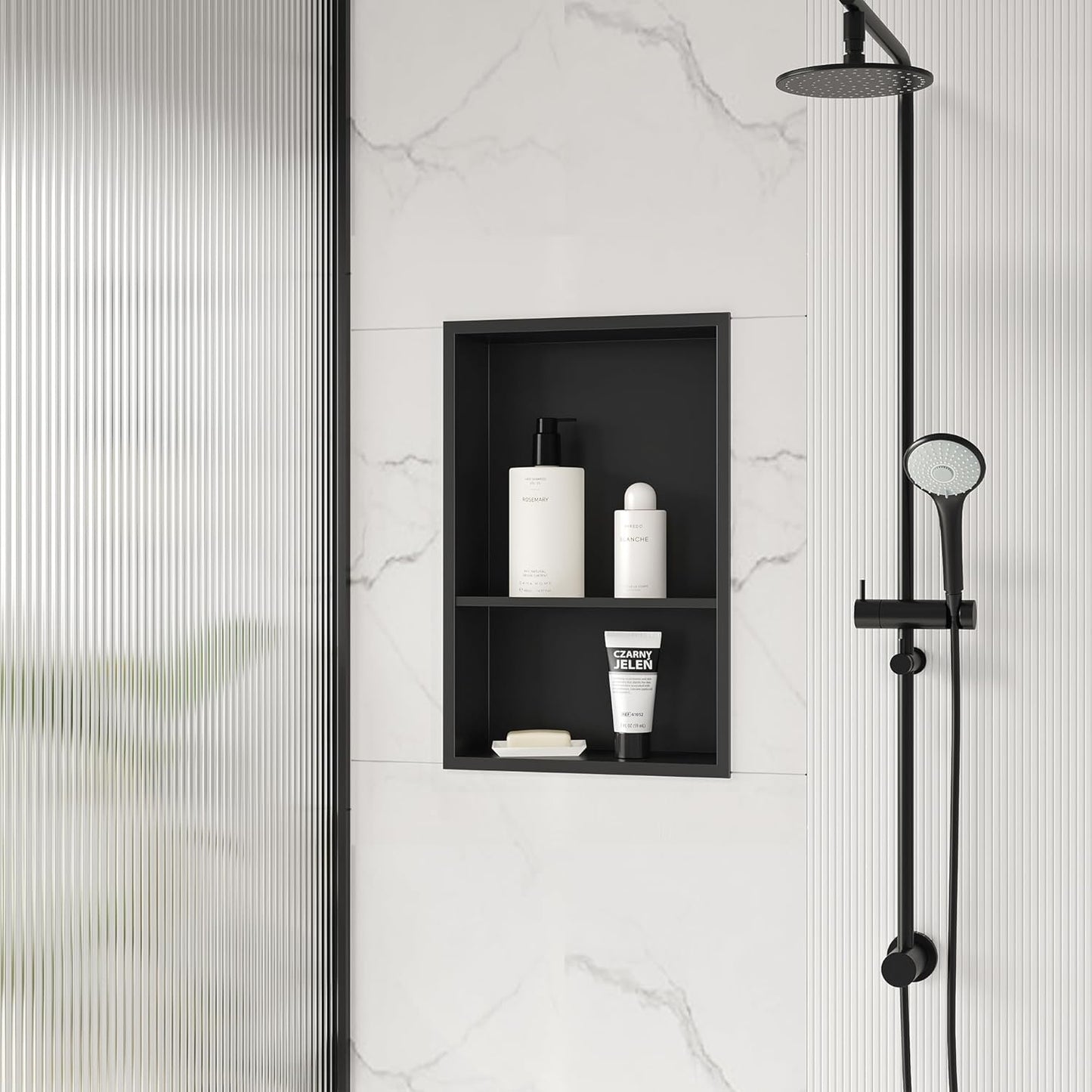 Stainless Steel Shower Niche 18" X 12", No Tile Needed Wall Niche Double Shelves, Recessed Shower Shelf for Bathroom Storage, Matte Black