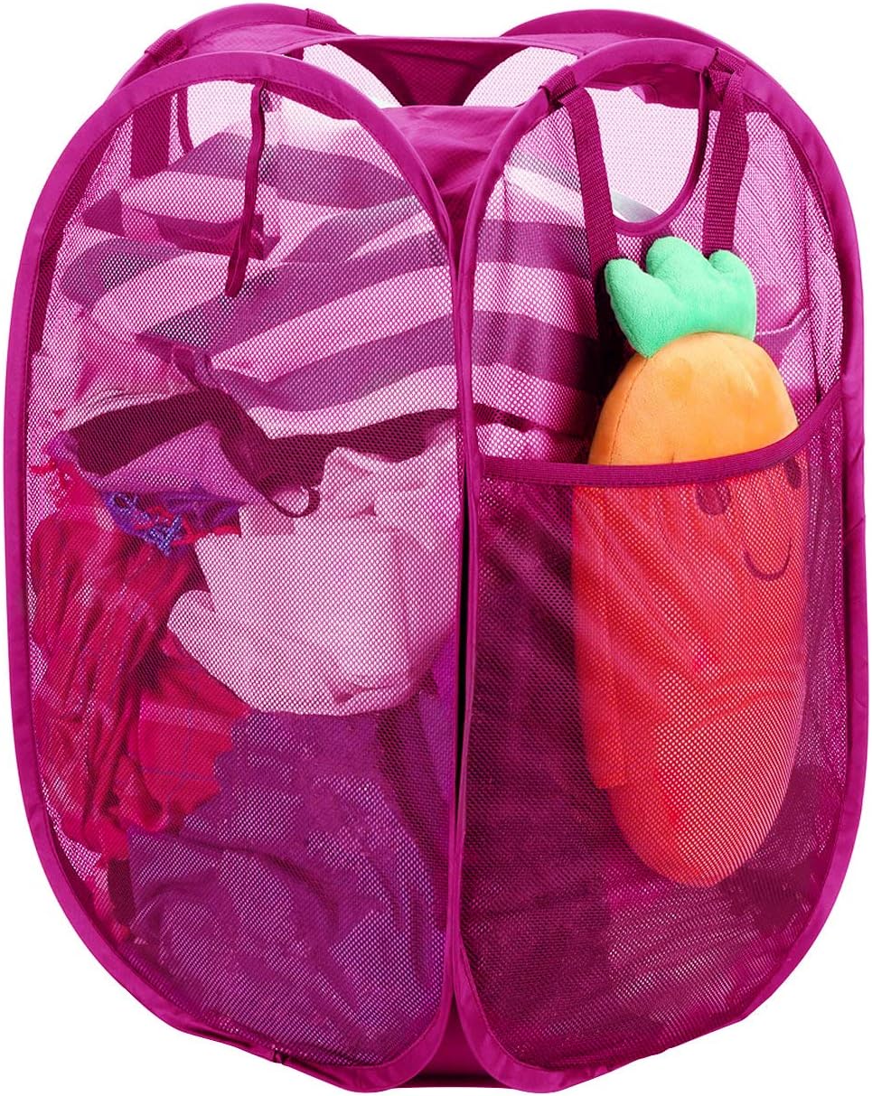 Strong Mesh Pop-up Laundry Hamper, Quality Laundry Basket with Durable Handles Solid Bottom High Carbon Steel Frame, Easy to Open and Fold Flat for Storage (Pink)