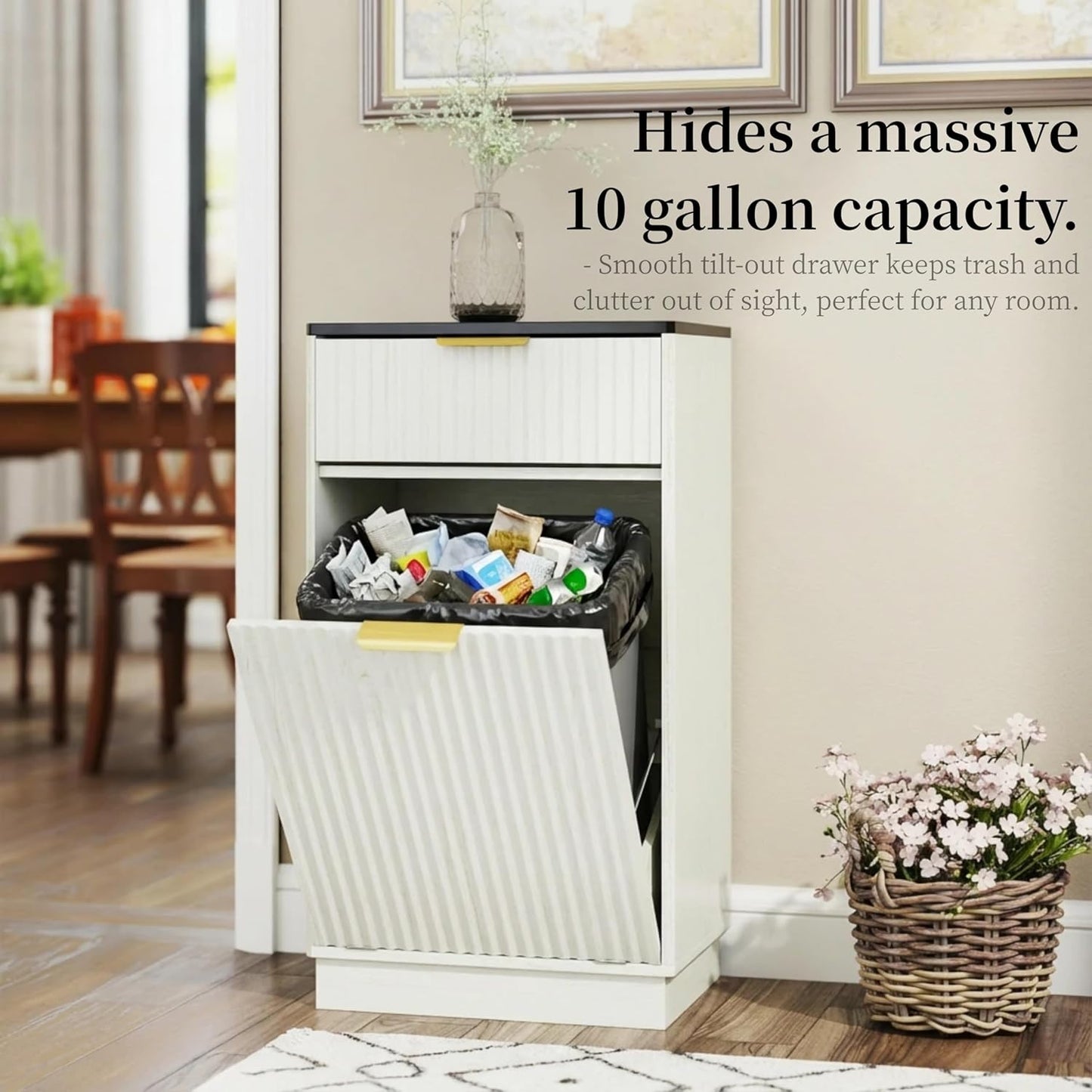 Tilt-Out Trash Cabinet, White Laundry Hamper Cabinet with Black Top, 34.3 x 19 x 13.8 inches, 10 Gallon Capacity, Wave-Textured Front, Storage Drawer.