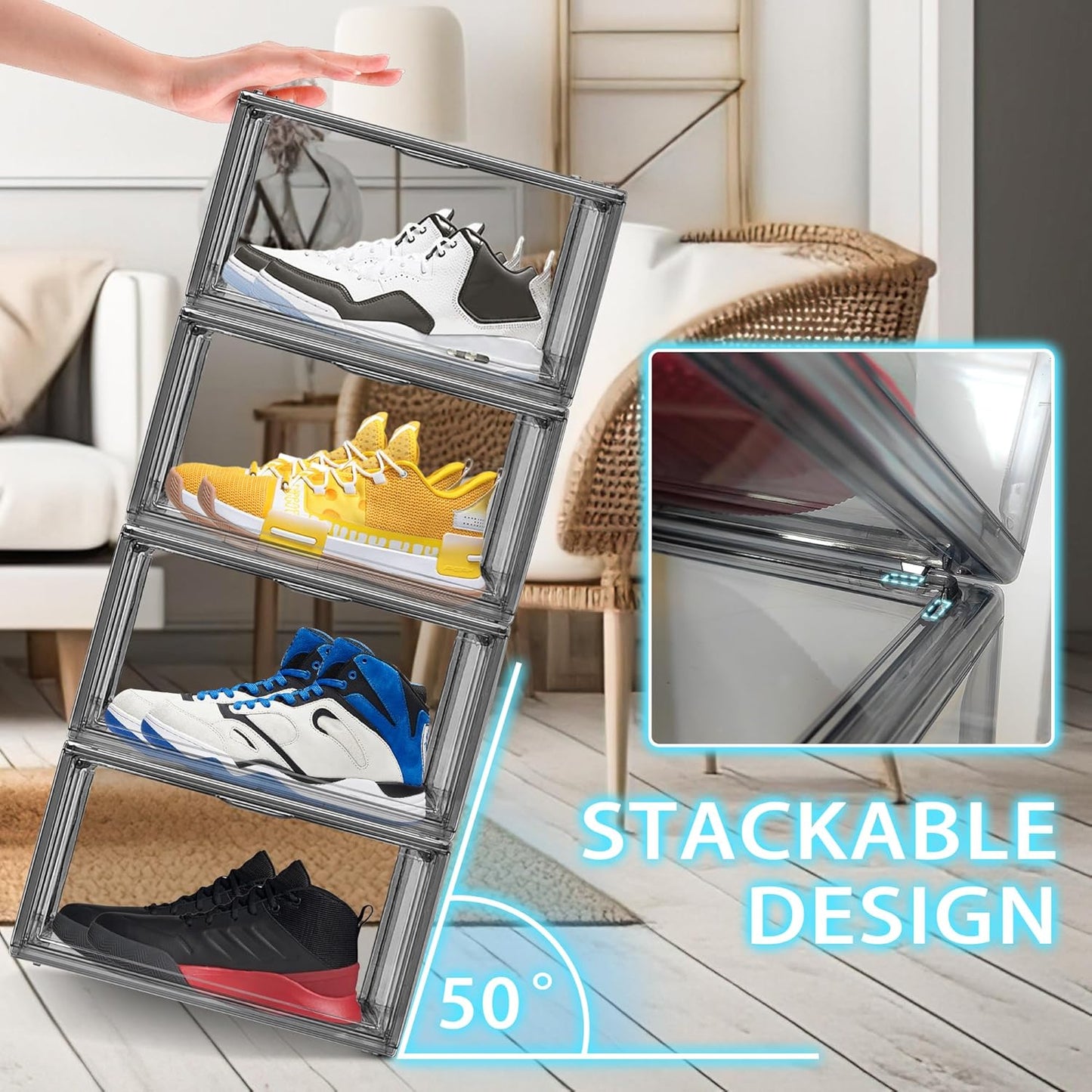 12 Pack Large Shoe Organizers Storage Boxes for Closet Clear Plastic Stackable Shoe Box Storage Bins with Lids, Under Bed Shoe Containers for Entryway, Size 12 Gray