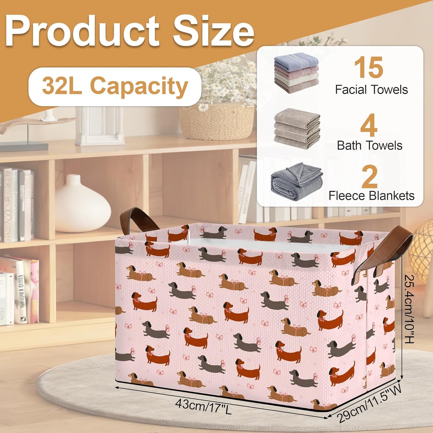 Storage Bin with Handles, Dachshund Collapsible Laundry Baskets for Books, Laundry - Use in Nursery, Closet Organizers and Storage, Blanket Basket
