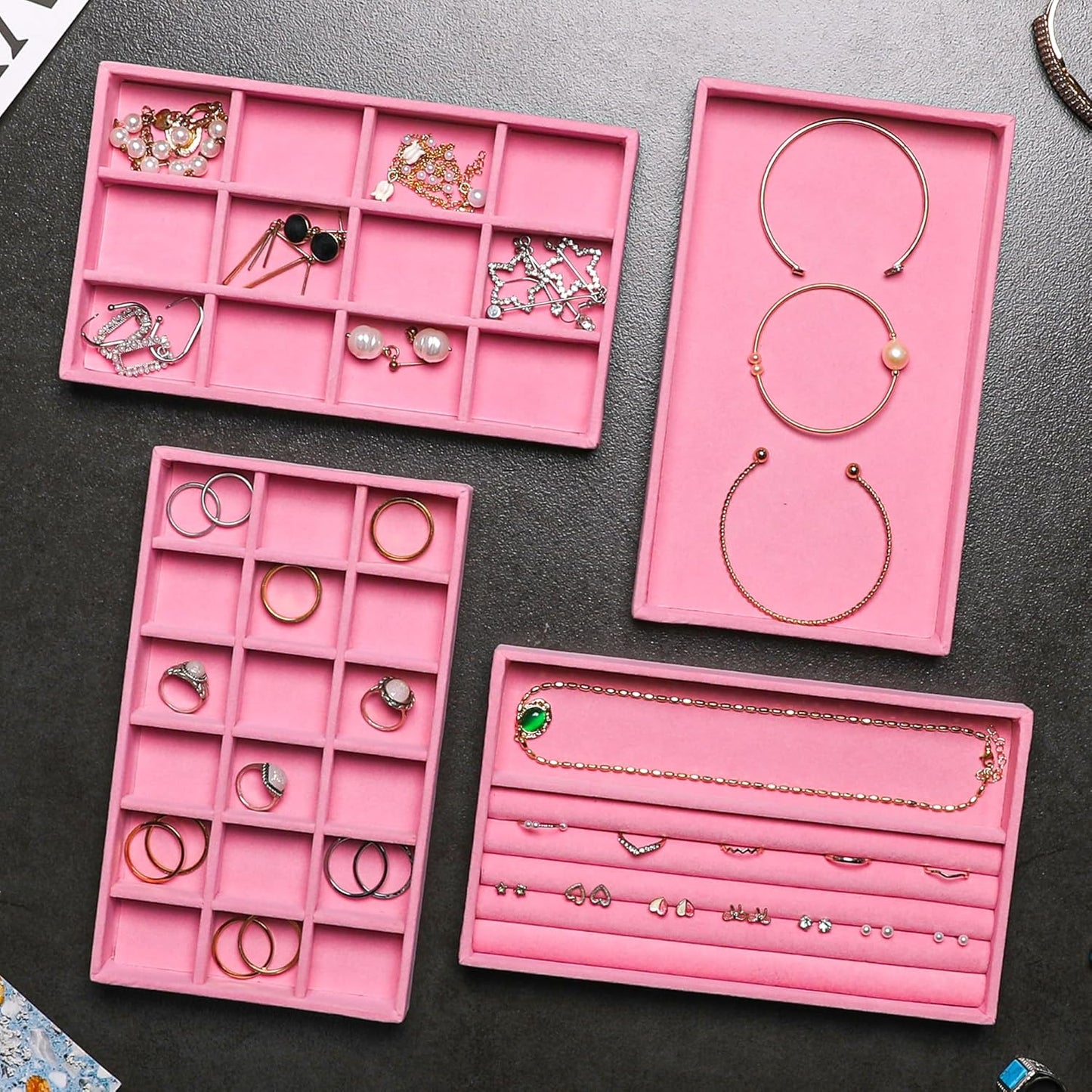 Frebeauty Jewelry Organizer Tray,Stackable Velvet Jewelry Trays,Drawer Inserts Earring Organizer For Women Jewelry Storage Display Case for Rings Stud Necklaces,Set of 4(Pink)