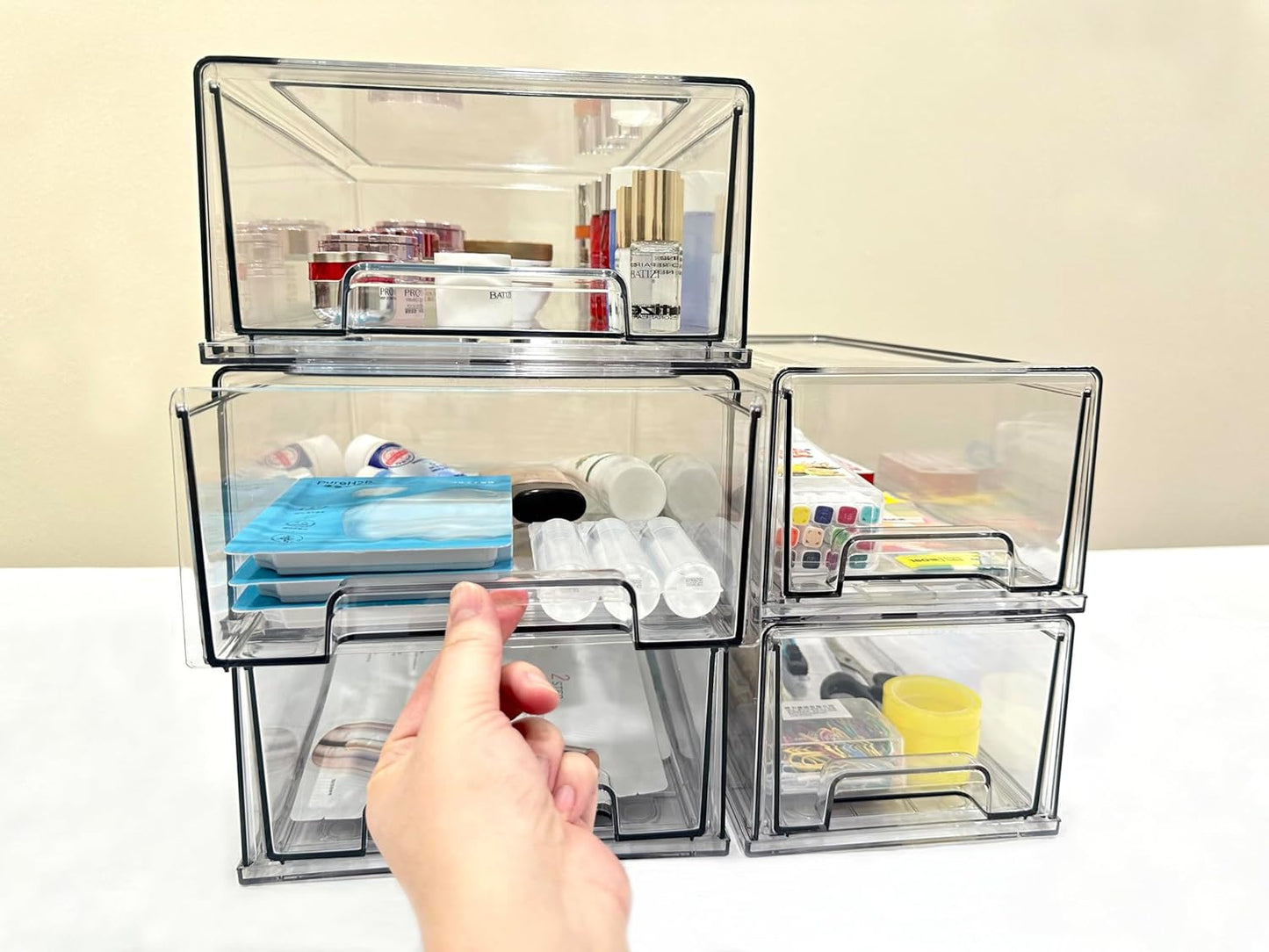 Stackable storage drawers, clear pull-out organizer with handles and non-slip pads for kitchen, refrigerator,office desktop, pantry and shelves, perfect for organization and storage (2 Pack, Large)