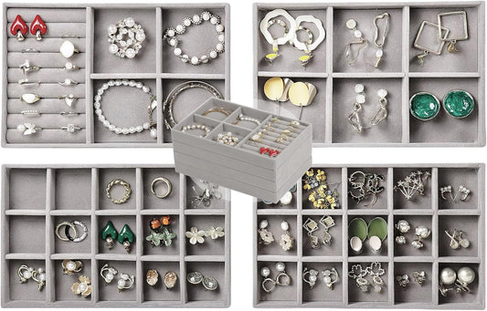 Set of 4 Stackable Jewelry Trays Organizer, Velvet Earring Organizer, Jewelry Organizer Showcase Display Drawer Organizer Storage, Earring Holder Necklace Bracelet Ring Accessary Organizers (Gray)