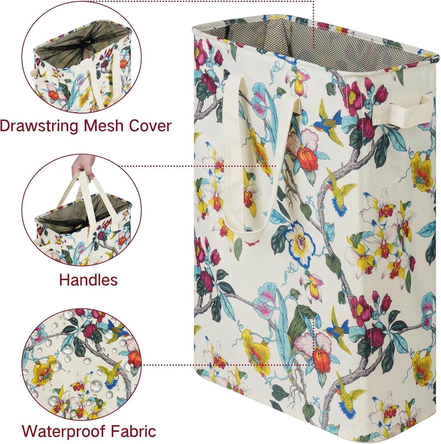 efluky Slim Laundry Basket, Narrow Laundry Hamper with Handles, Collapsible Dirty Clothes Hamper, Tall Laundry Bin for Laundry Room, Dorm and Bedroom, 48L (12.7 Gallon) Floral