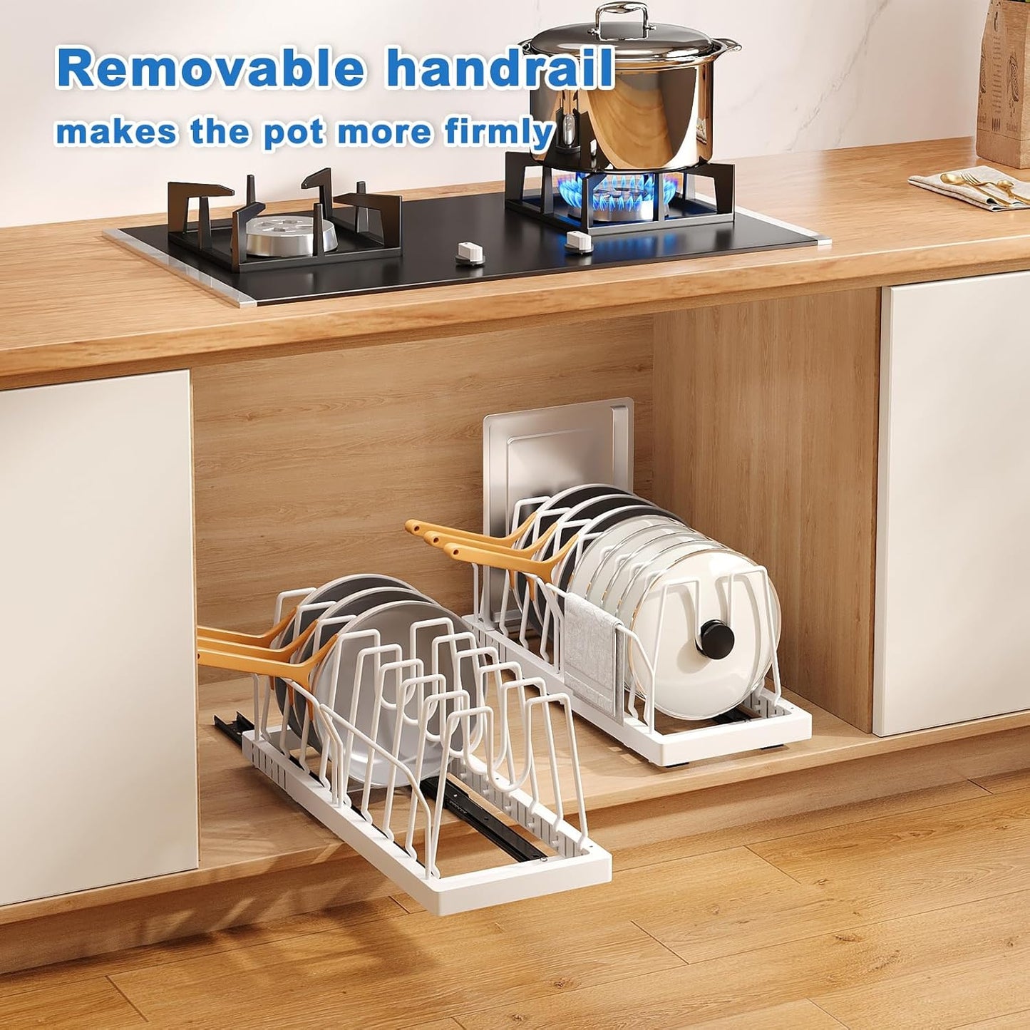 Pots and Pans Organizer Under Cabinet, 21.6" Deep Pull Out Pot Lid Organizer Holder with Guardrail Adhesive Pot and Pan Holder Rack with 10 Adjustable Dividers-1 Pack(White)
