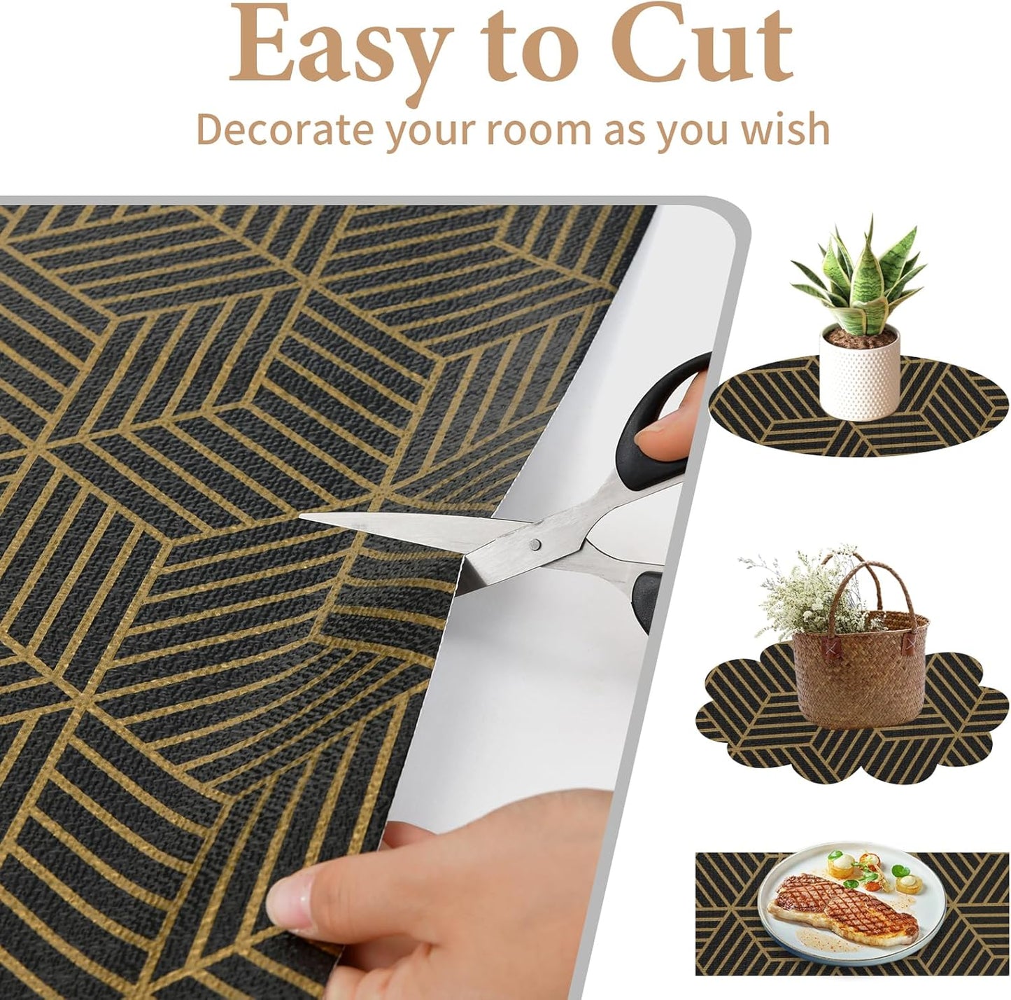 Shelf Liners for Kitchen Cabinets 17in x 30FT, Non Adhesive Cabinet Liner Strong Non-Slip Black Gold Geometric Drawer Liner, Easy to Clean for Shelf, Cabinet with Knife and Tape Measure