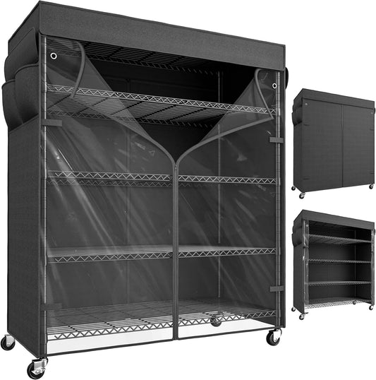 REIBII 45''W Storage Shelves Waterproof Metal Shelving with Cover Dustproof, Wire Shelving Unit Covers & Wheels Garage Storage Rack Wire Shelf for Kitchen Pantry, Storage Room, 45Wx17.72Dx72.83H