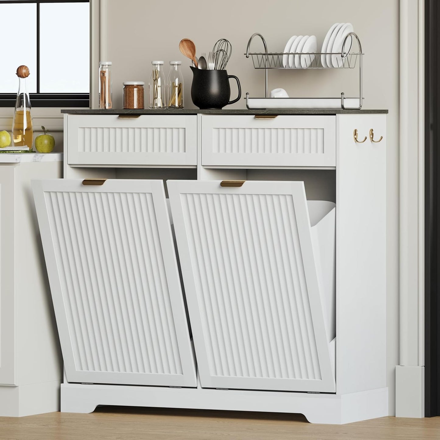 2x13 Gallons Double Tilt Out Trash Can Cabinet, Wooden Fluted Trash Garbage Can Cabinet with 2 Drawers, Hidden Laundry Hamper with Hooks for Kitchen Living Room, White