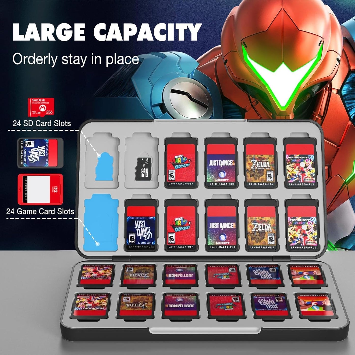 MoKo 24 Game Card Case for Nintendo Switch 2 / Switch OLED / Lite, Game Storage Holder Case with 24 Game Card Slots & 24 Micro SD Cards Slots, Slim & Portable Storage Box, Black & White Game