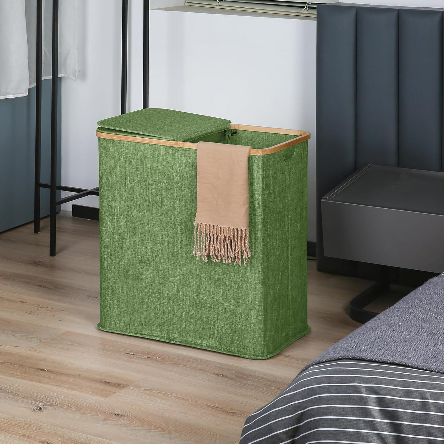 efluky Laundry Hamper with Lid, Double Laundry Hamper with 2 Removable Bags, 2 Section Laundry Basket with Bamboo Handles for Bathroom, Bedroom & Laundry Room,140L Green