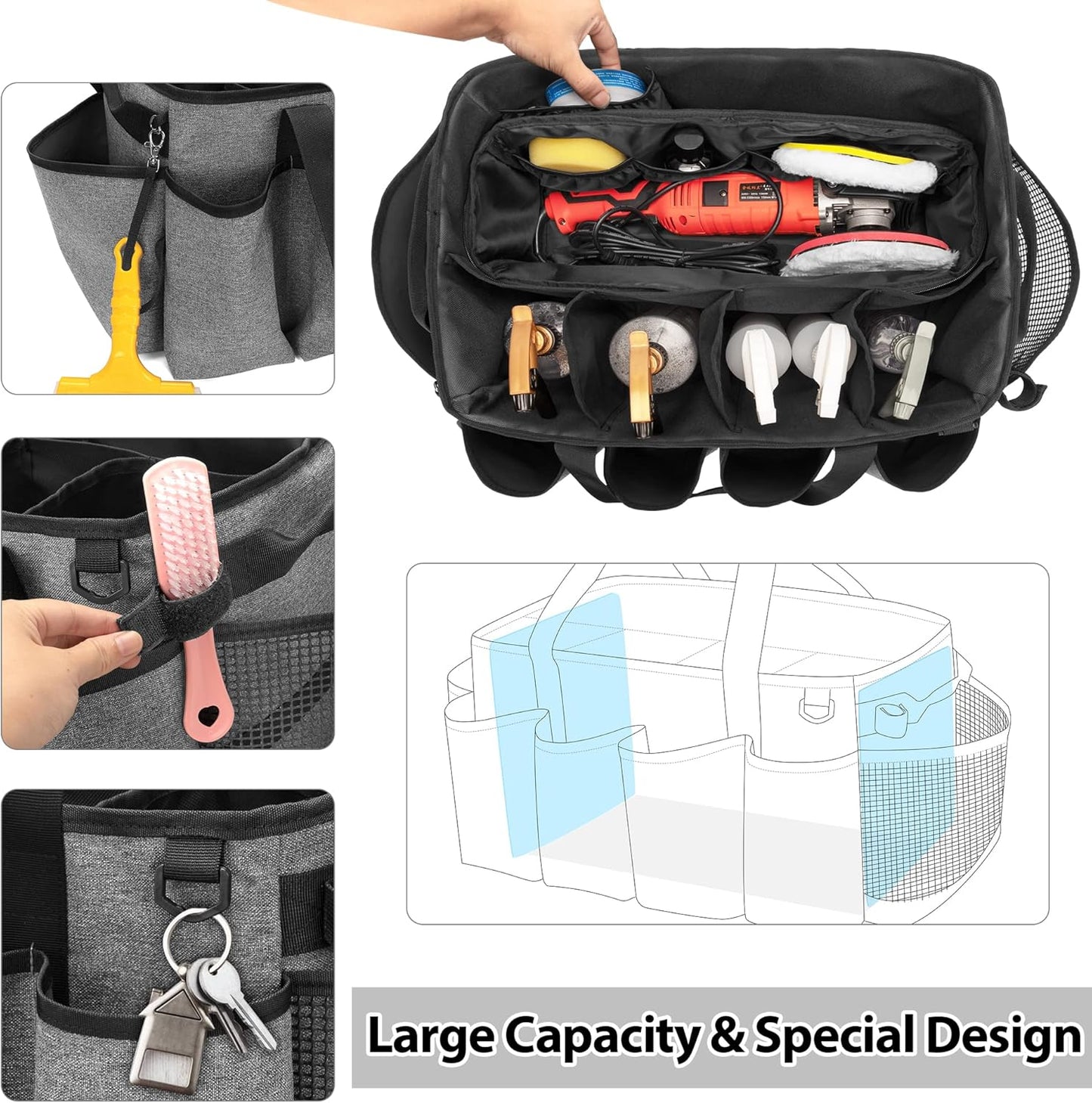 Detailing Bag with Polisher Carry Bag, Large Detail Car Care Box for Auto Detailing Supplies, Car Wash Caddy & Trunk Organizer for Buffer Bottle Towel & Cleaning Kit, Gray, Patent Design
