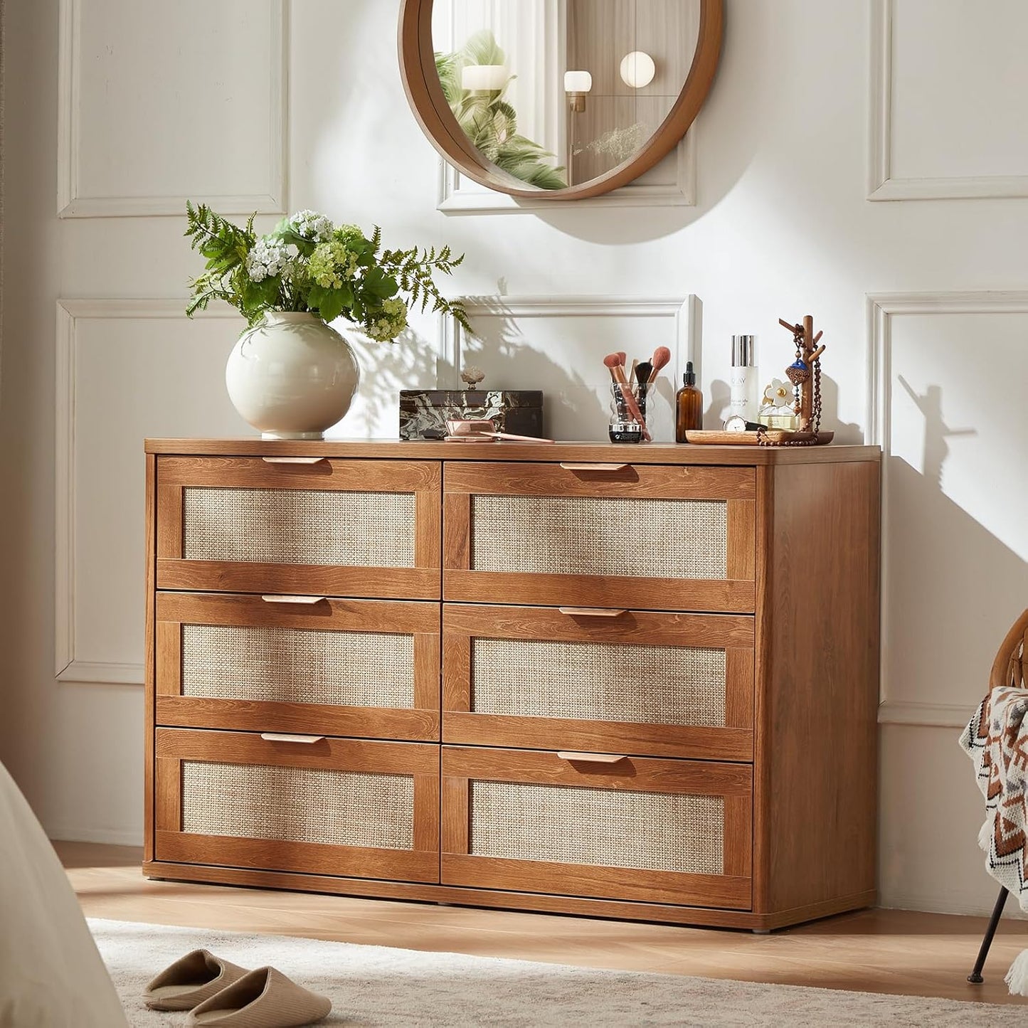 LEYAOYAO Rattan 6 Drawer Dresser for Bedroom, 48" Wide Boho Chest of Drawers, Wooden Dressers TV Stand with Metal Handle, Storage Closet Organizer for Living Room, Hallway, Tea Brown