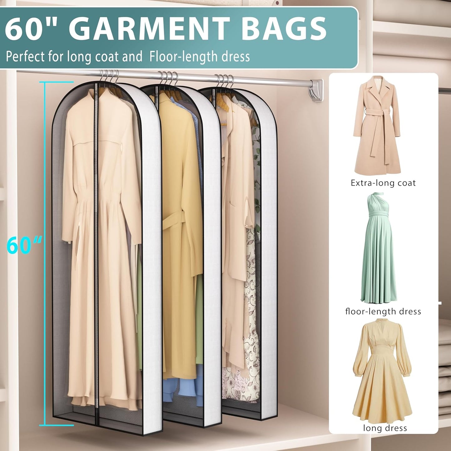 60” Garment Bags for Hanging Clothes 4” Gusseted - with Clear Window, Breathable Fabric, Metal Zipper, Suit Coat Long Dress Protector for Clothes Closet storage, Season Off, Moving, 3 Pack