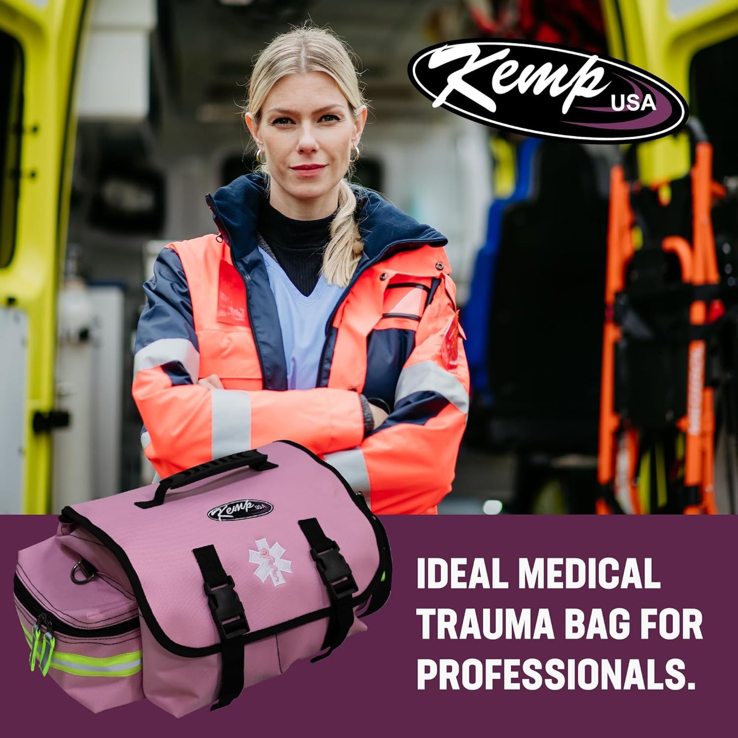 Kemp USA EMT First Responders Trauma Bag - First Aid Kit & Survival Gear with High Visibility Reflectors for Rapid First Aid & Medical Response Survival Tools Organizer - Pink