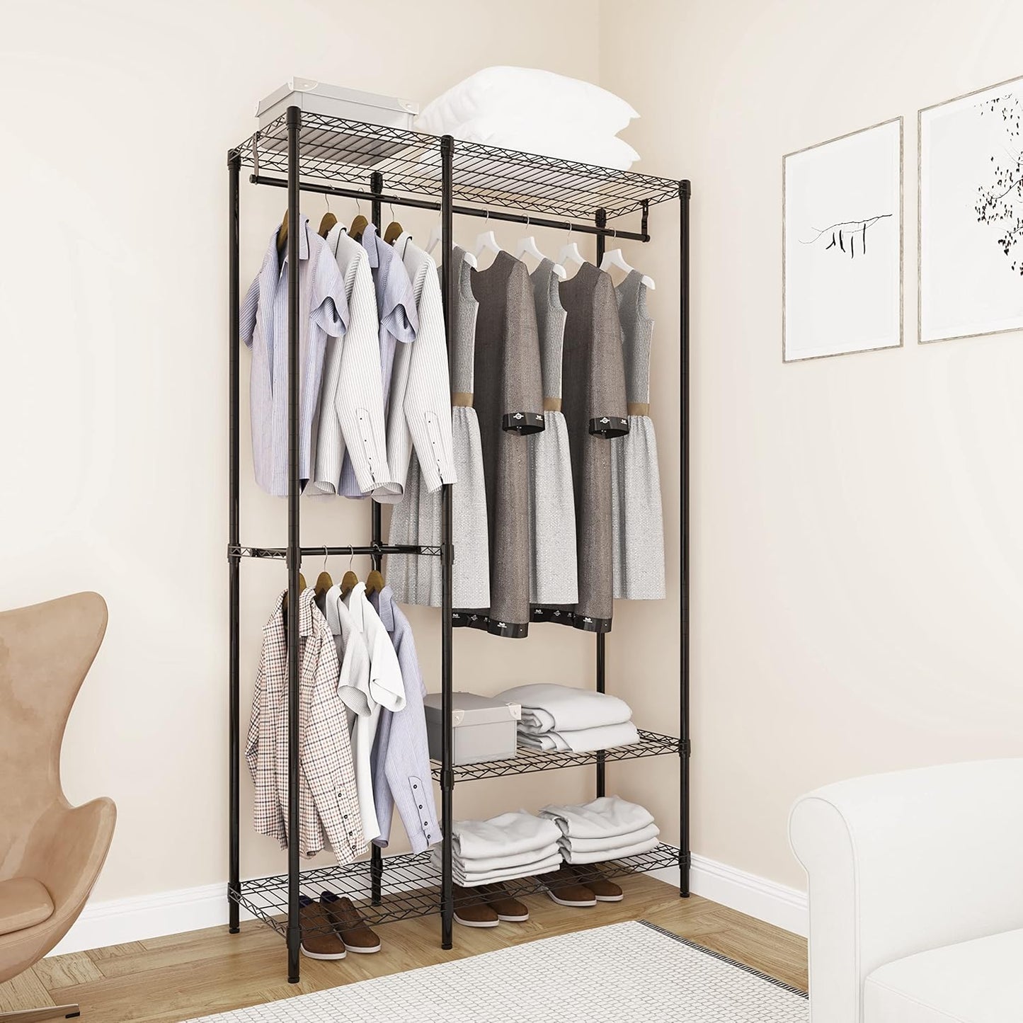 Heavy Duty Garment Rack for Hanging Clothes,Wire Metal Clothing Rack,Adjustable Portable Clothing Rack,Freestanding Open Wardrobe Organizer Rack,39.5"L x 15.75"W x 75.6"H Max Load 600LBS,Black