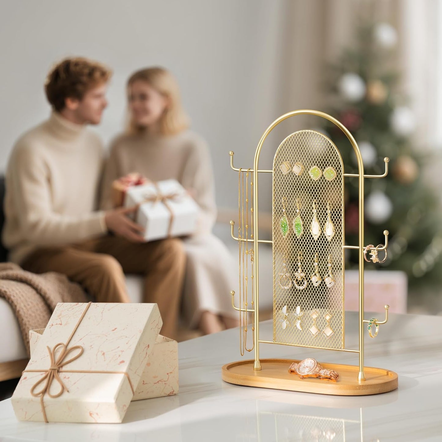 Jewelry Display Earring Stand Gold Organizer Earring StorageTree Jewelry Rack Towers with 6 Hooks 300 Stud Holes Wood Tray for Necklaces Bracelets Ring