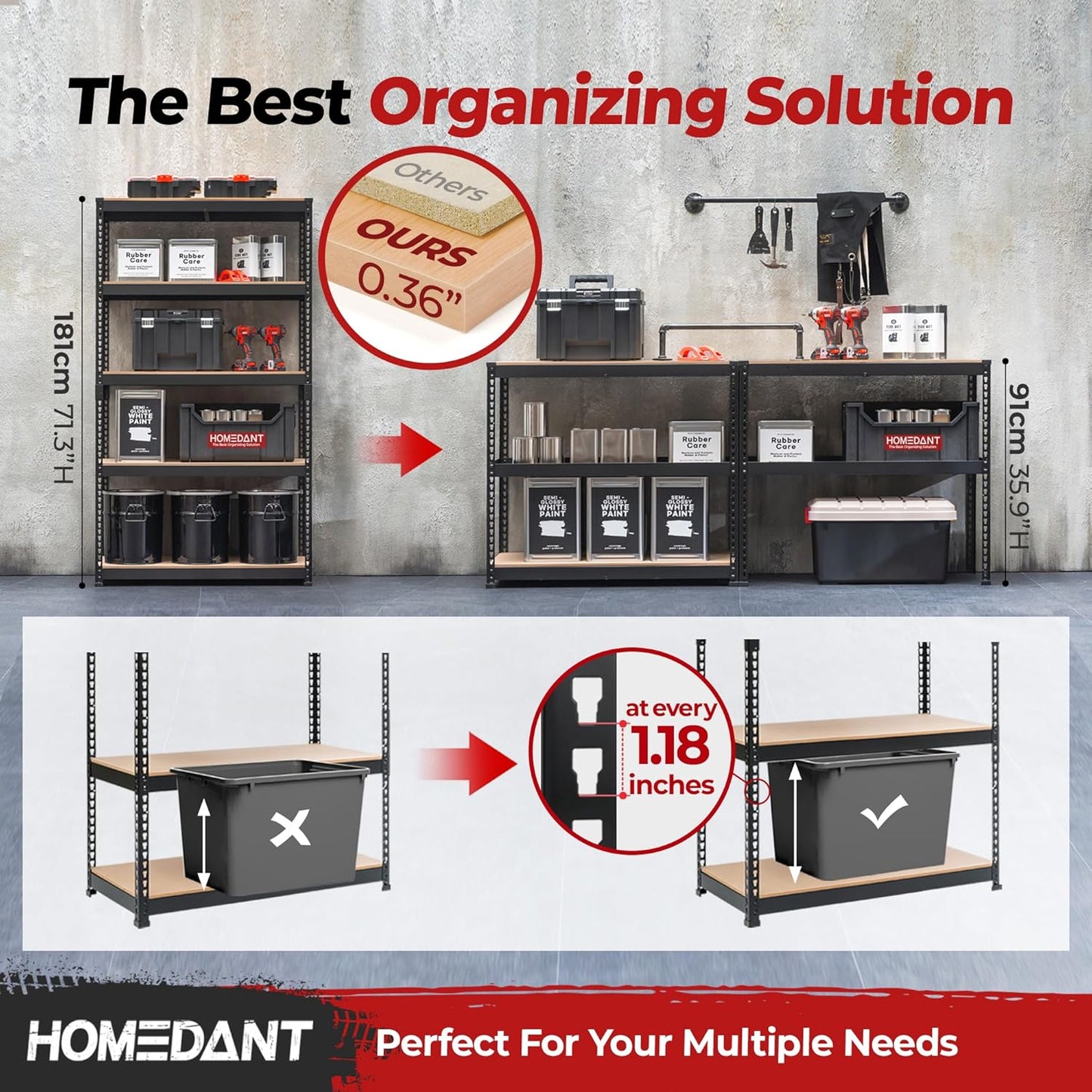 HOMEDANT 5-Tier Laminated Boltless Heavy Duty Metal Shelving Unit Adjustable Garage Storage Utility Rack Shelves Organization Multipurpose Shelf Warehouse Industrial (2, (L) 39.8" W, Black)