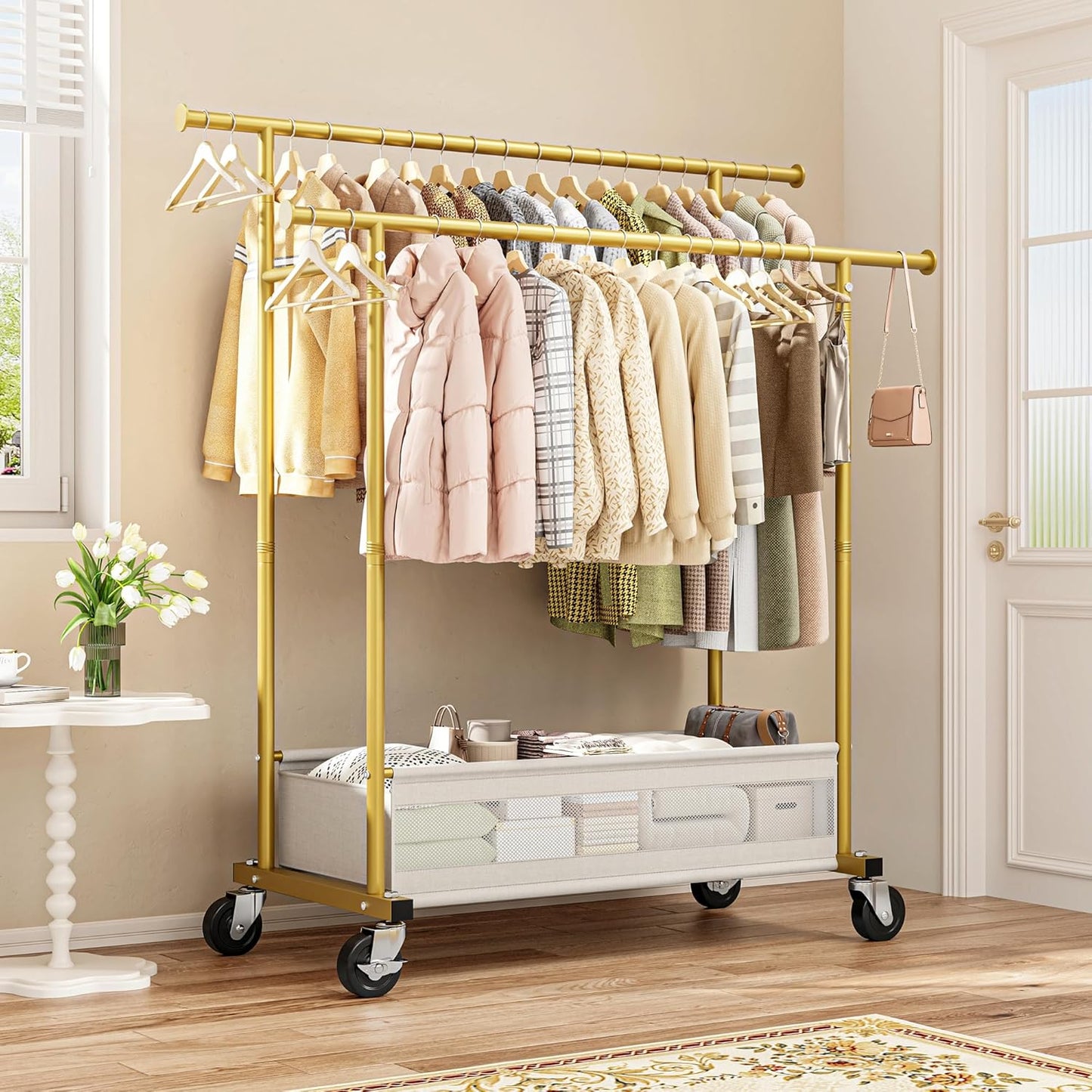 Clothes Rack, Double Rod Clothing Rack with Storage Bag & Sturdy Wheels, Metal Garment Rack for Closet Organizers and Storage, 43.3" W×17.7" D×63" H