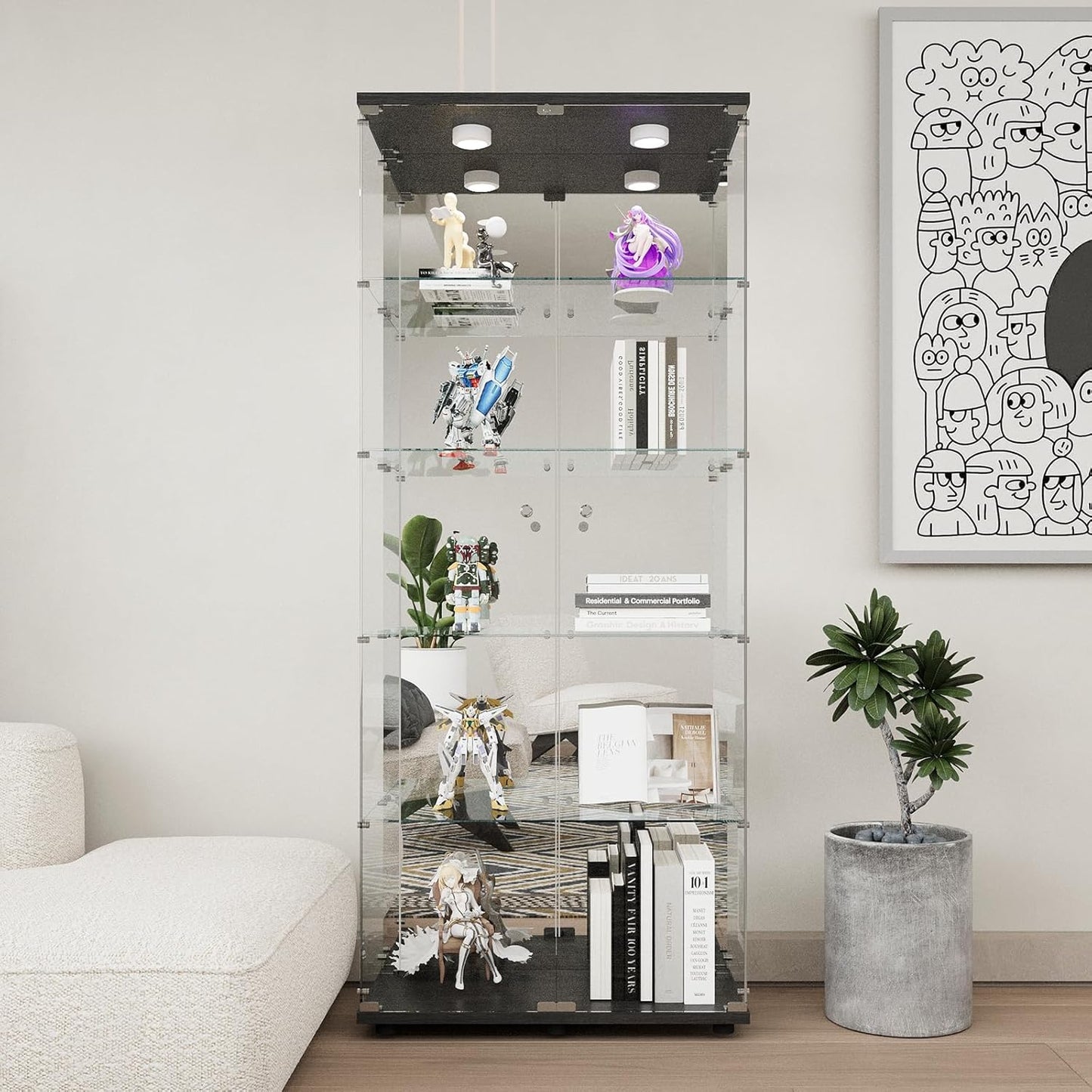 Beauty4U Glass Display Cabinet with LED Lights and Mirror, 5 Shelves with 2 Doors, Curio Cabinets for Living Room, Bedroom, Office, Black Floor Standing Glass Bookshelf, Quick Installation