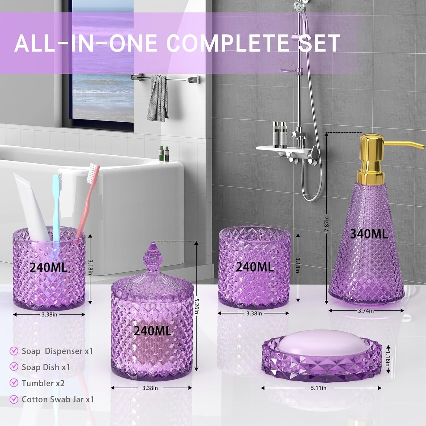 Purple Glass Bathroom Accessories Set 5 Pcs, Purple Bathroom Set, Soap Dispenser and Toothbrush Holder Set, Qtip Holder Set, Vintage Bathroom Sink Set, Cute Bathroom Decor