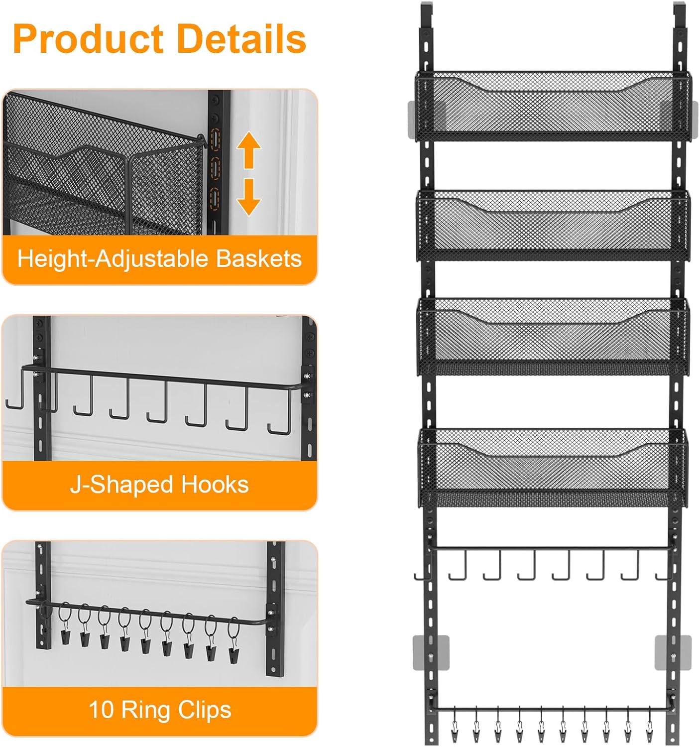 Over the Door Organizer, 2 in 1 Metal Hanging Closet Organizer & Hat Rack with 4 Adjustable Baskets, 8 Hooks, 10 Clips, Behind The Door Storage for Bedroom, Bathroom, Entrance, Closet, Kitchen, Black
