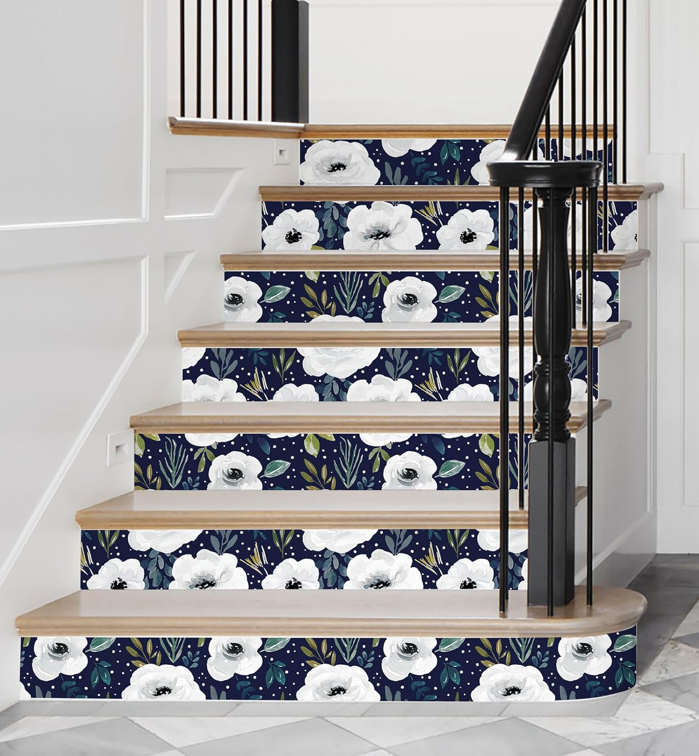 HAOKHOME Shelf Liner and Cabinet Liner Floral, Self-Adhesive Drawer Liners, Peel and Stick Contact Paper for Kitchen Cabinets and Cupboard,Bedroom Drawers, Navy/White/Green 17.3in x 6.5ft