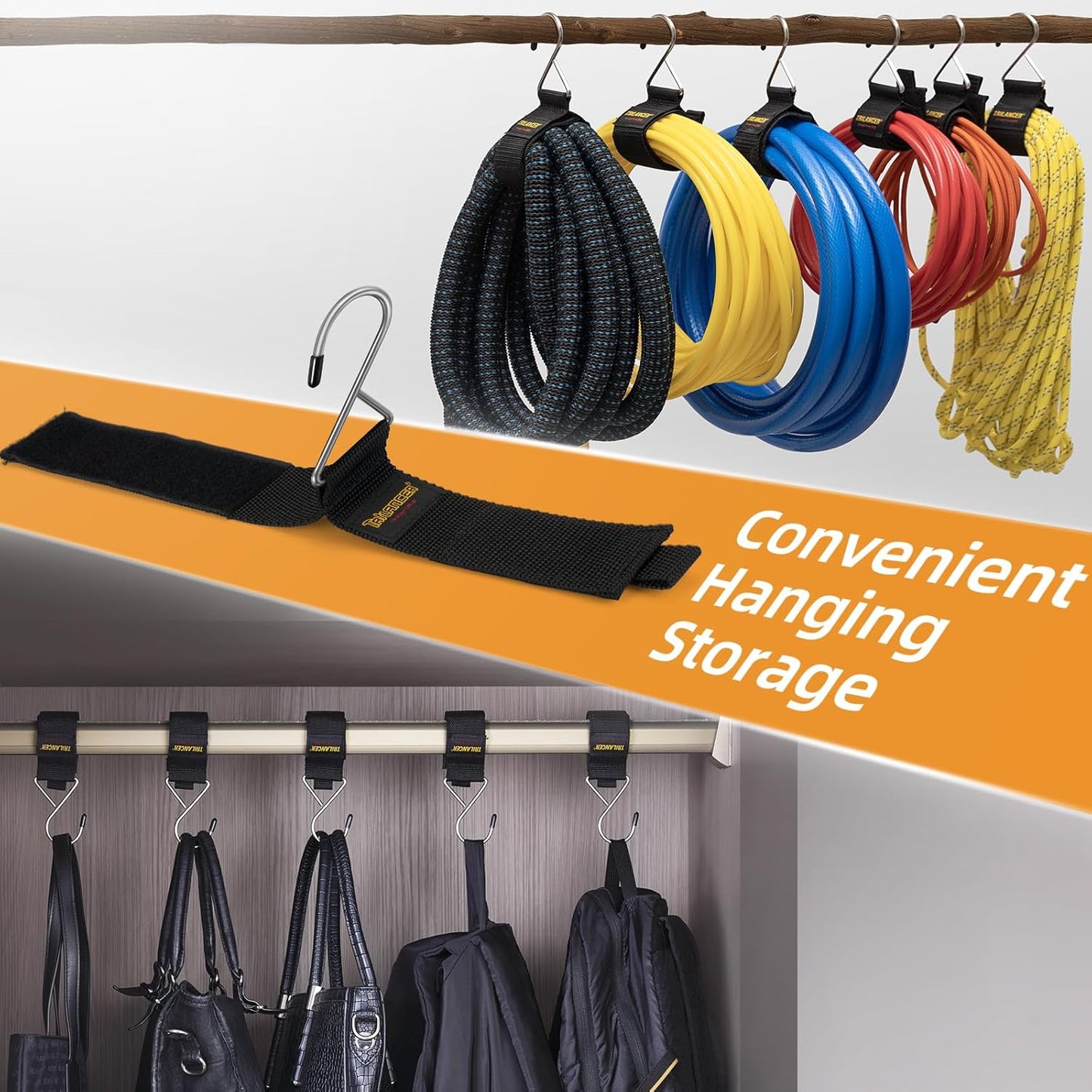 Extension Cord Organizer and Hanger (6-Pack), Trilancer Hook-and-Loop Storage Straps with Metal Hook to Hang on Walls for Cables, Wires, Rope, Hoses, Organization for Home, Garage or Workshop