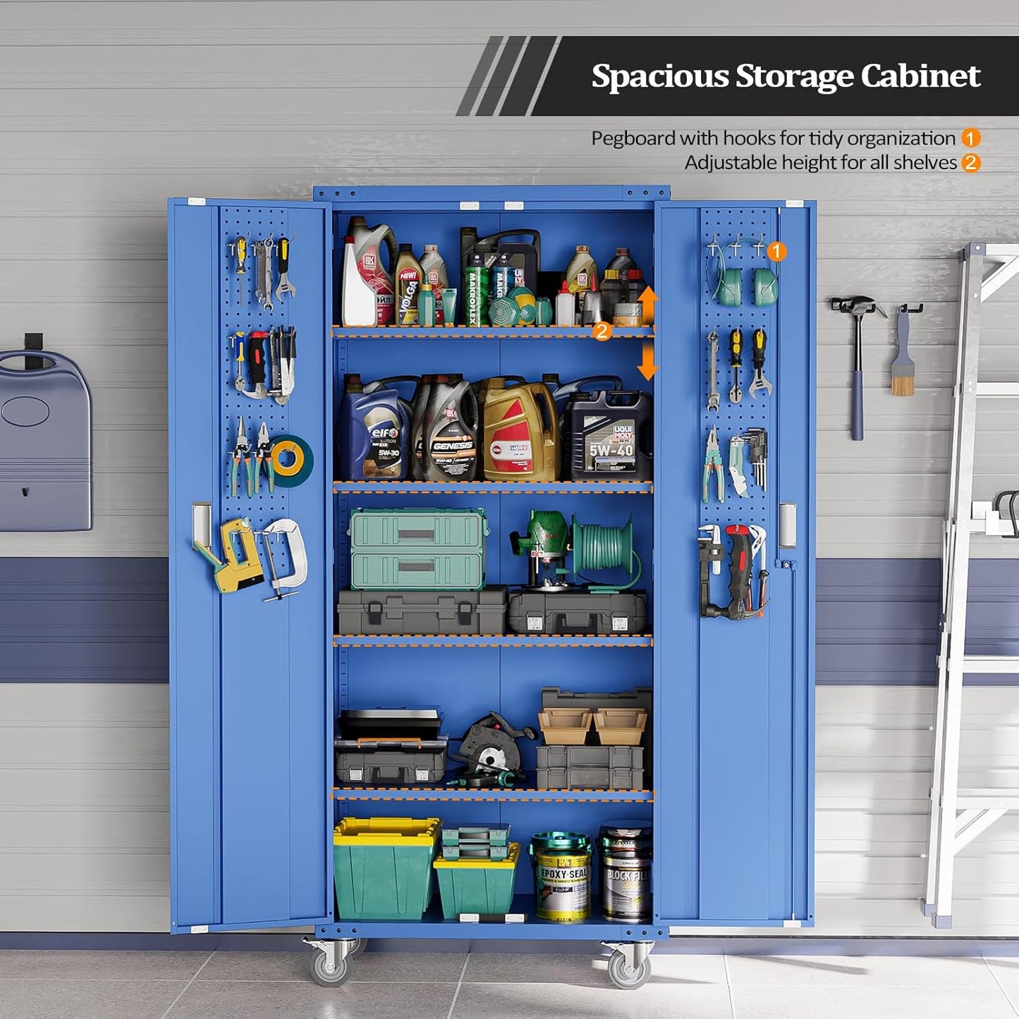 VINGLI 72'' Tall Metal Garage Storage Cabinet with Pegboards, Wheels, Locking Doors and Adjustable Shelves, File Cabinet/Tool Cabinet for Home Office/School (Blue, 32W x 16D x 72H)
