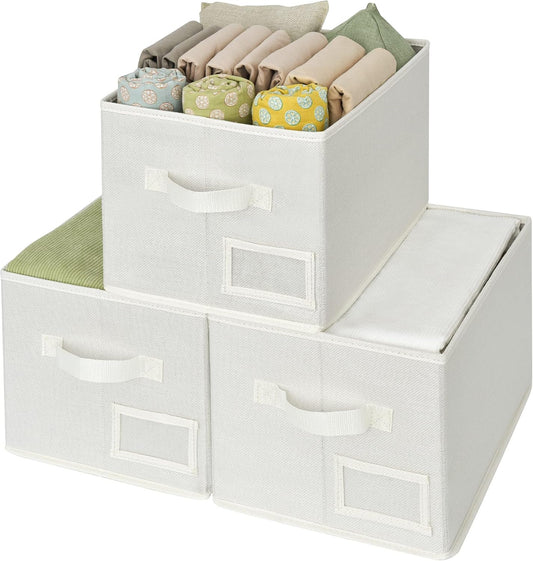 GRANNY SAYS Closet Organizer Bins with Label Holder, Fabric Storage Baskets, Foldable Storage Bins for Living Room, Decorative Storage Containers Organizing, Pearl White, 3-Pack