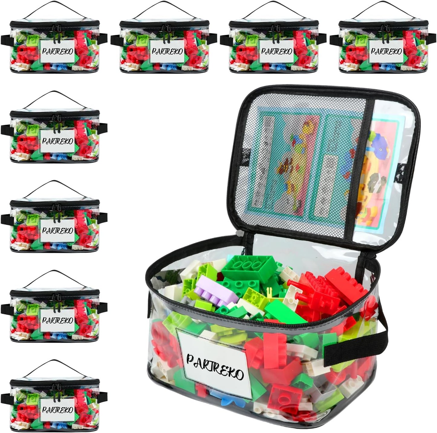8 Pack Clear Toy Storage Bag with Name Tag& Manual Pocket, Wide-open Transparent PVC Toy Organizer Case with Portable Handle for Lego Bricks, Building Blocks, Board Games& Puzzles (Black)