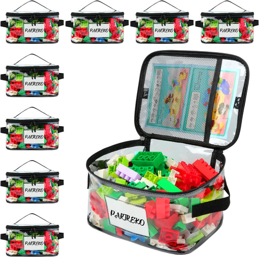 8 Pack Clear Toy Storage Bag with Name Tag& Manual Pocket, Wide-open Transparent PVC Toy Organizer Case with Portable Handle for Lego Bricks, Building Blocks, Board Games& Puzzles (Black)