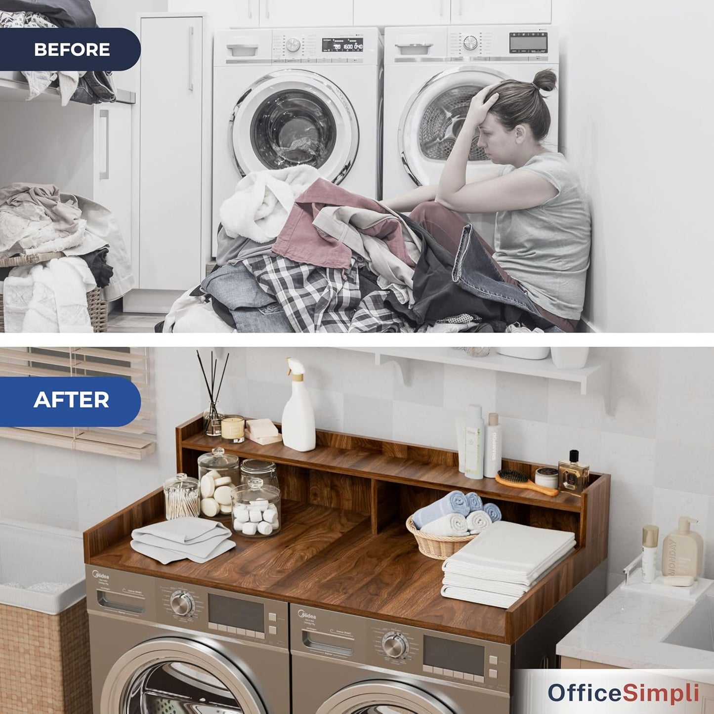 OfficeSimpli Washer Dryer Countertop with Shelf - 27.5 x 54 Inch - Made in USA Laundry Countertop Over Washer and Dryer with Non-Slip Pads, Storage Shelf, Laundry Topper Organizer, California Walnut