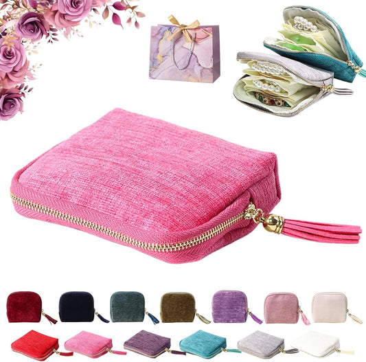Travel Jewelry Case, Portable Jewelry Storage Bag, Compact Foldable Five Compartments Organizer Pouch with Zipper & Tassel for Earring Necklace Ring Bracelet (Rose red)