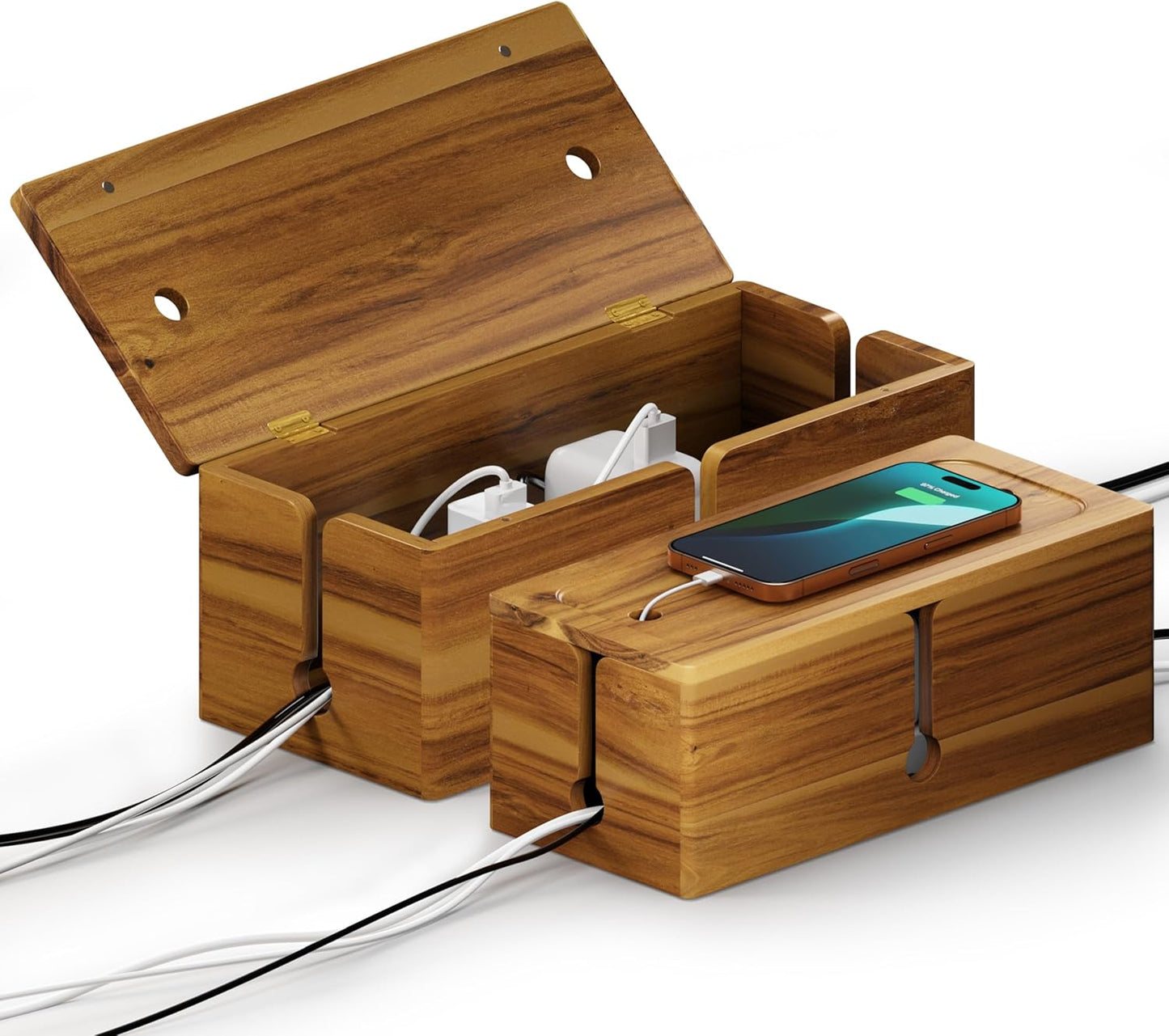 BLUEWEST 2-Pack Cable Management Box, Acacia Large Cable Cord Organizer Boxes for Power Strip – 3 Open Slots Wooden Cords Hider Box for TV Wires, Computer, Router, USB Hub and Under Desk Power Strip