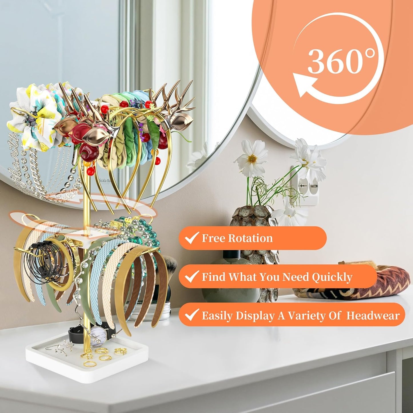 Rotatable Headband Organizer, 2 Tier Head Tie Holder, Hair Hoop Display Stand, Wooden Head Band Storage with 8 Metal Brackets, Scrunchie Rack for Bracelet, Jewelry, Claw Clip (White)