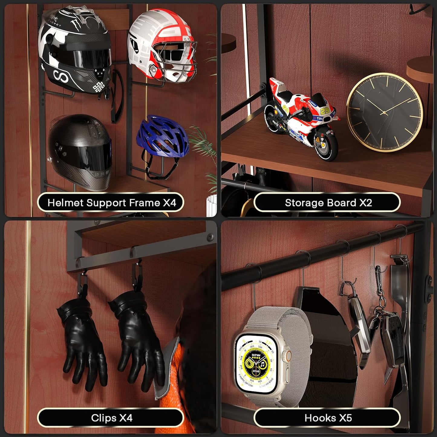 Motorcycle Helmet Holder Wall Mount, Rustic Helmet Rack With 4 Hat Stands and 2 Wooden Shelves, Motor Gear Accessories Storage for Men, 4 Clips, 5 Hooks for Glove Key Jacket Hanging
