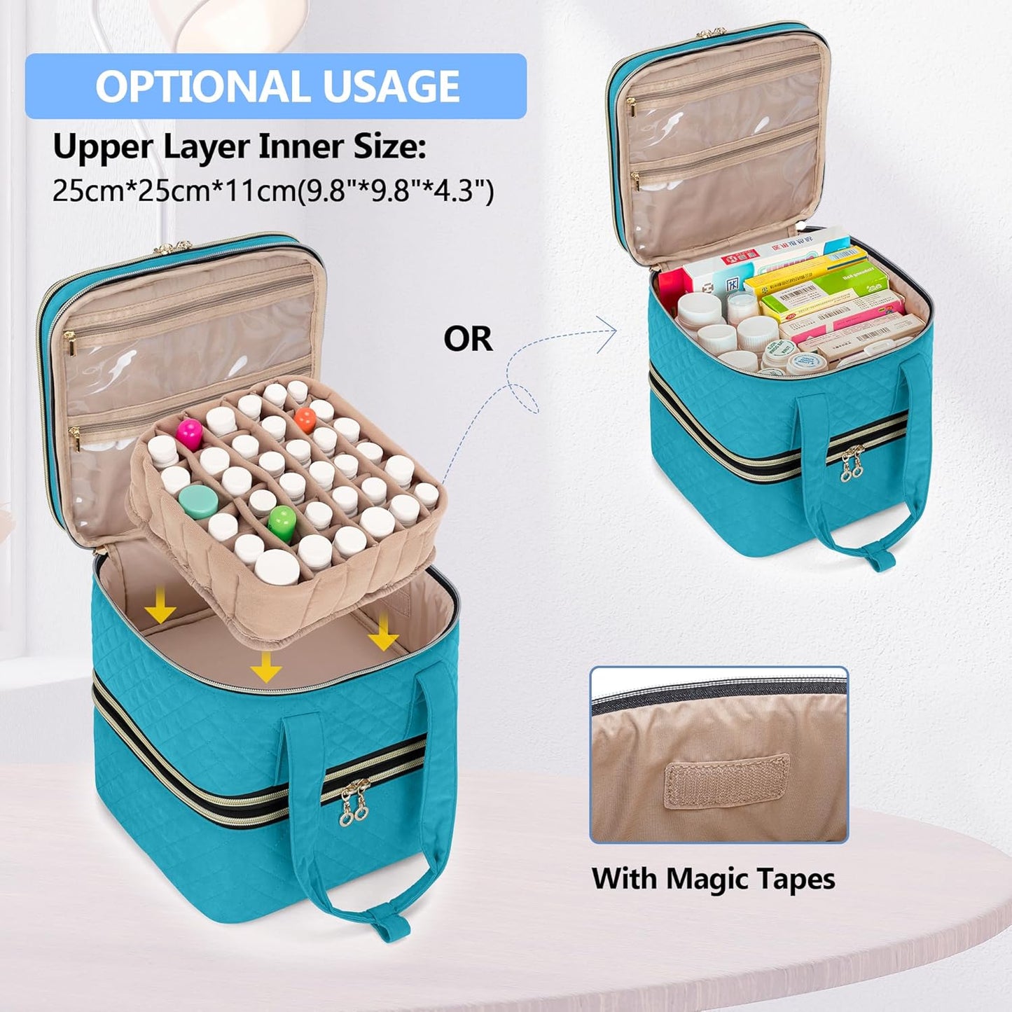 Yarwo Pill Bottle Organizer Storage Bag, 3 Layers Medicine Travel Case Empty with Demountable Design and Dividers for Pills, Potions, Vitamins and Emergency First Aid Supplies, Teal (PATENT DESIGN)