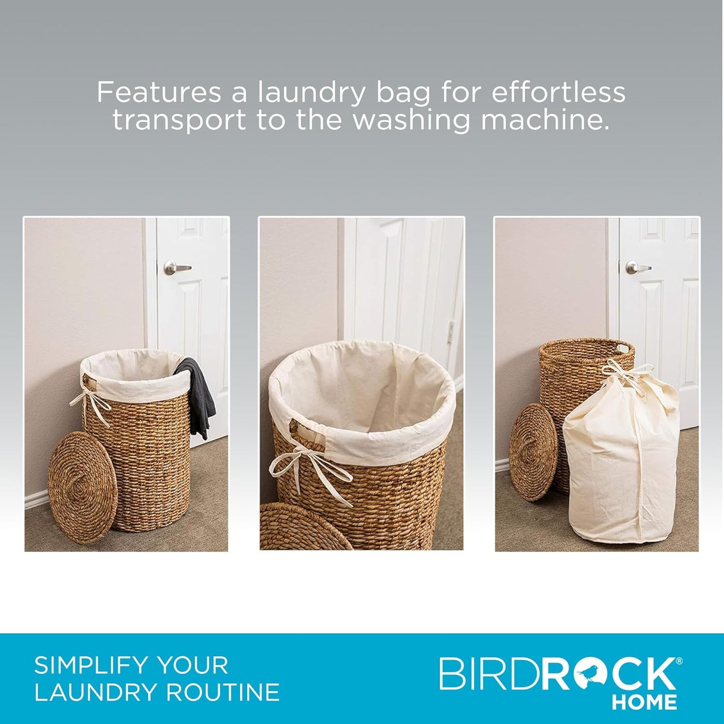 BIRDROCK HOME Seagrass Laundry Hamper with Lid & Liner - Handwoven Round Basket with Handles for Laundry/Dirty Clothes - Organizer, Storage, Shelves, Bin in Bathroom, Bedroom & Laundry Room - Natural