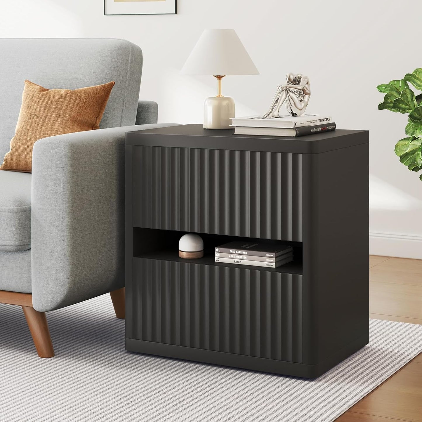Dripex Fluted Nightstand with 2 Drawers, Large Wide Wood Night Stand Bedside Tables for Bedroom, Mid-Century Modern Storage Bed Side Table, End Tables for Living Room Sofa Couch, Black, Set of 2